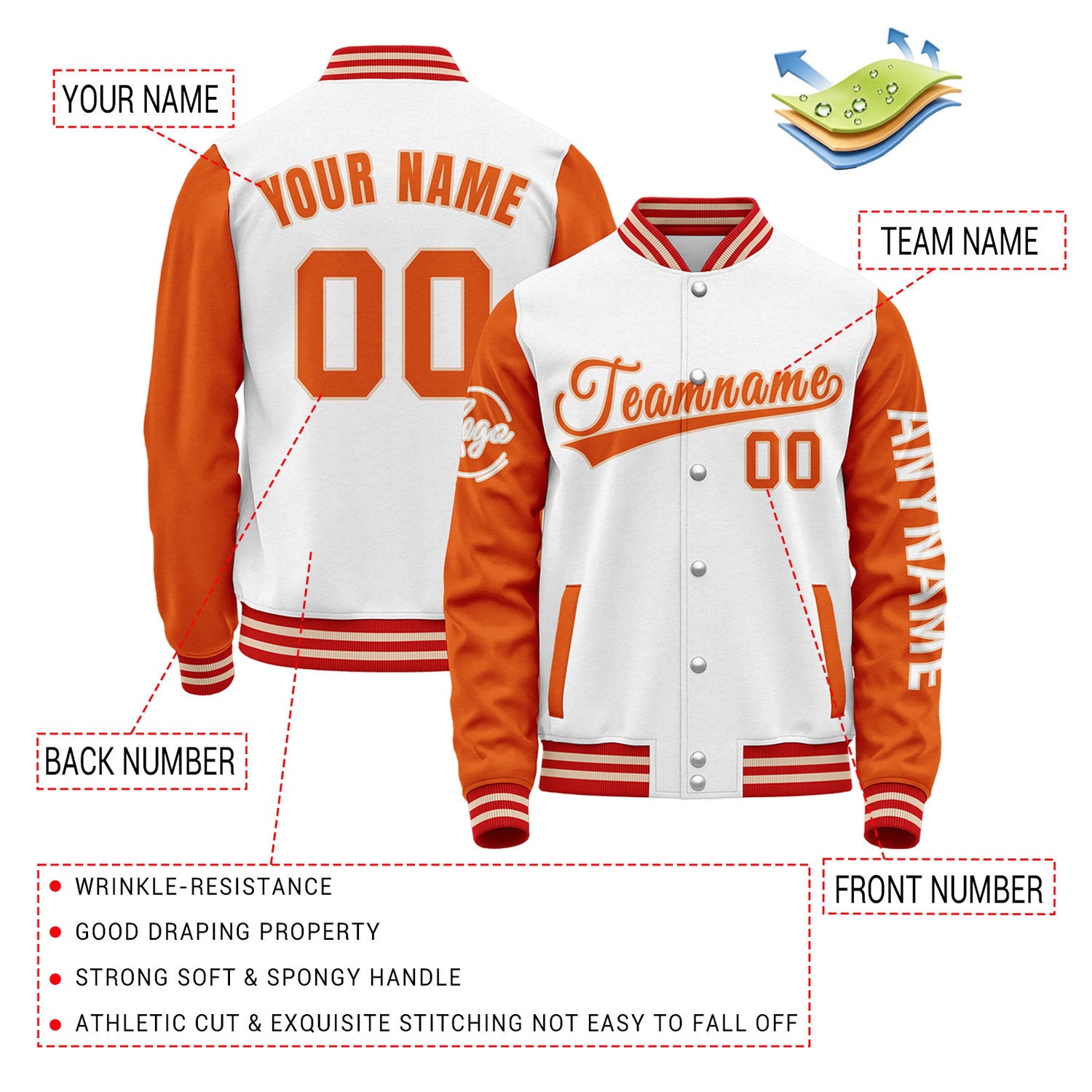Custom White & Orange Two Tone Varsity Letterman Jacket | Personalized Stitched Team Name Number Outerwear