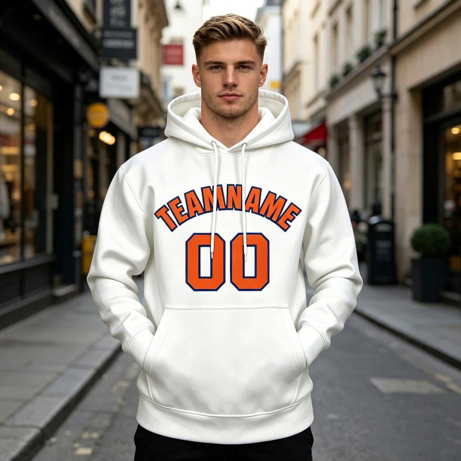 Custom White & Orange Hoodie | Personalized Name & Number Sports Pullover | Vosoli
