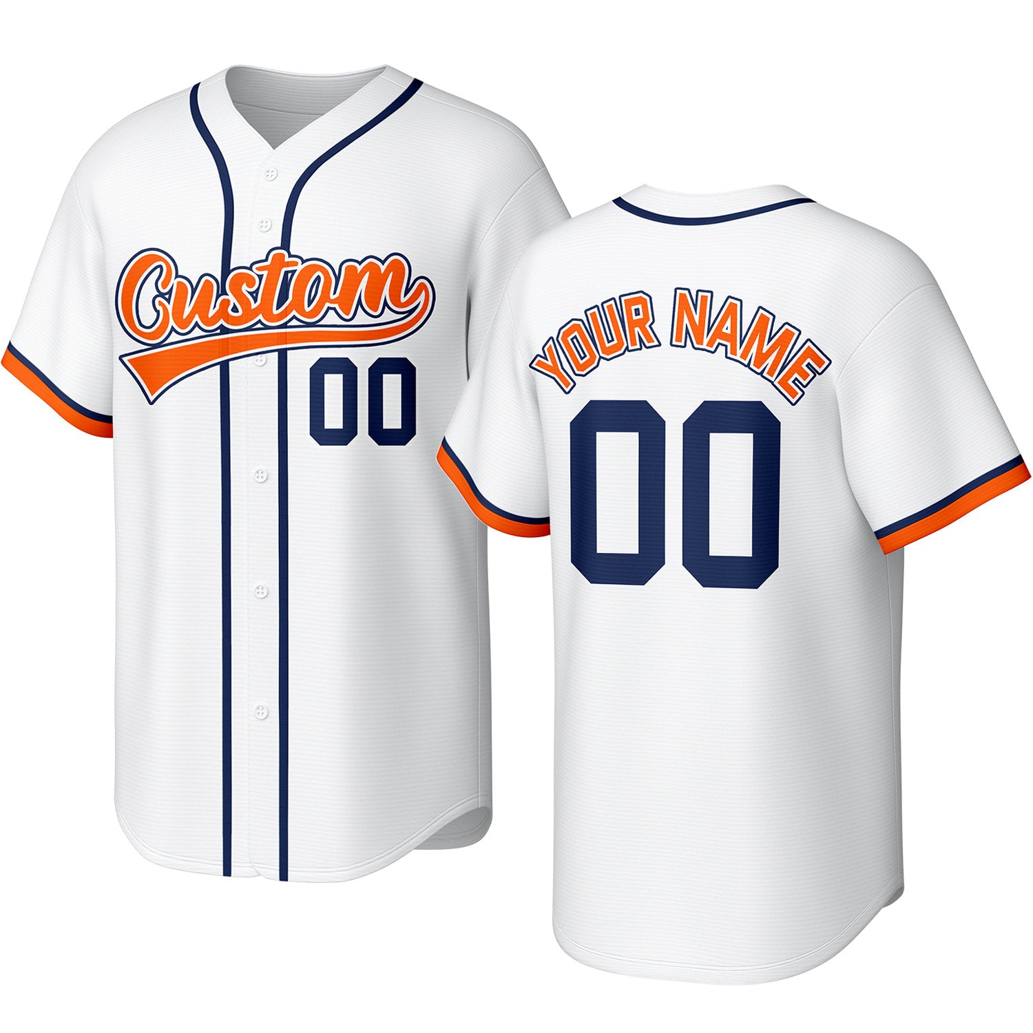 Custom white, orange & navy baseball jersey with stitched logo, personalized name & number, button-front short-sleeve sports uniform for team men women youth game practice - Vosoli