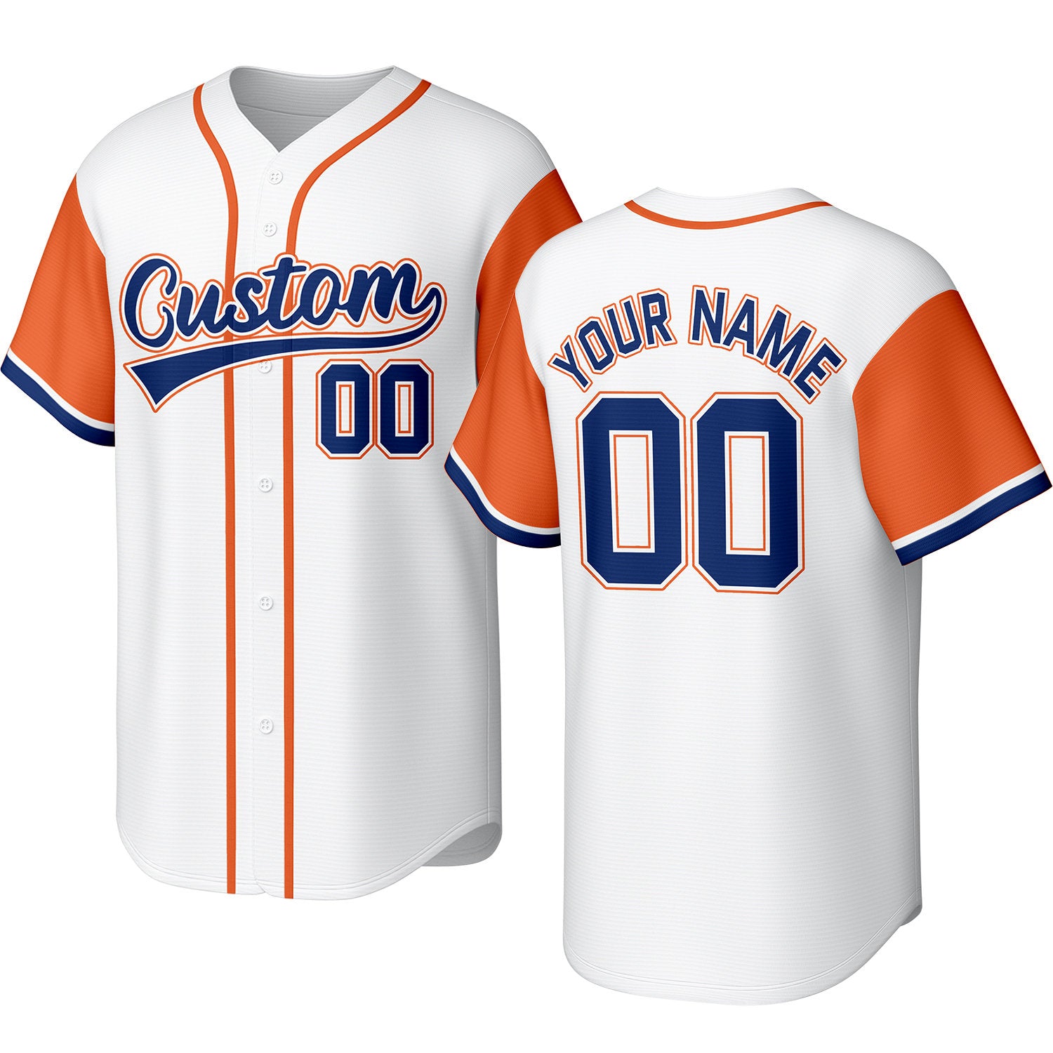 Custom white, orange & navy baseball jersey with stitched logo, personalized name & number, button-front short-sleeve sports uniform for team men women youth game practice - Vosoli