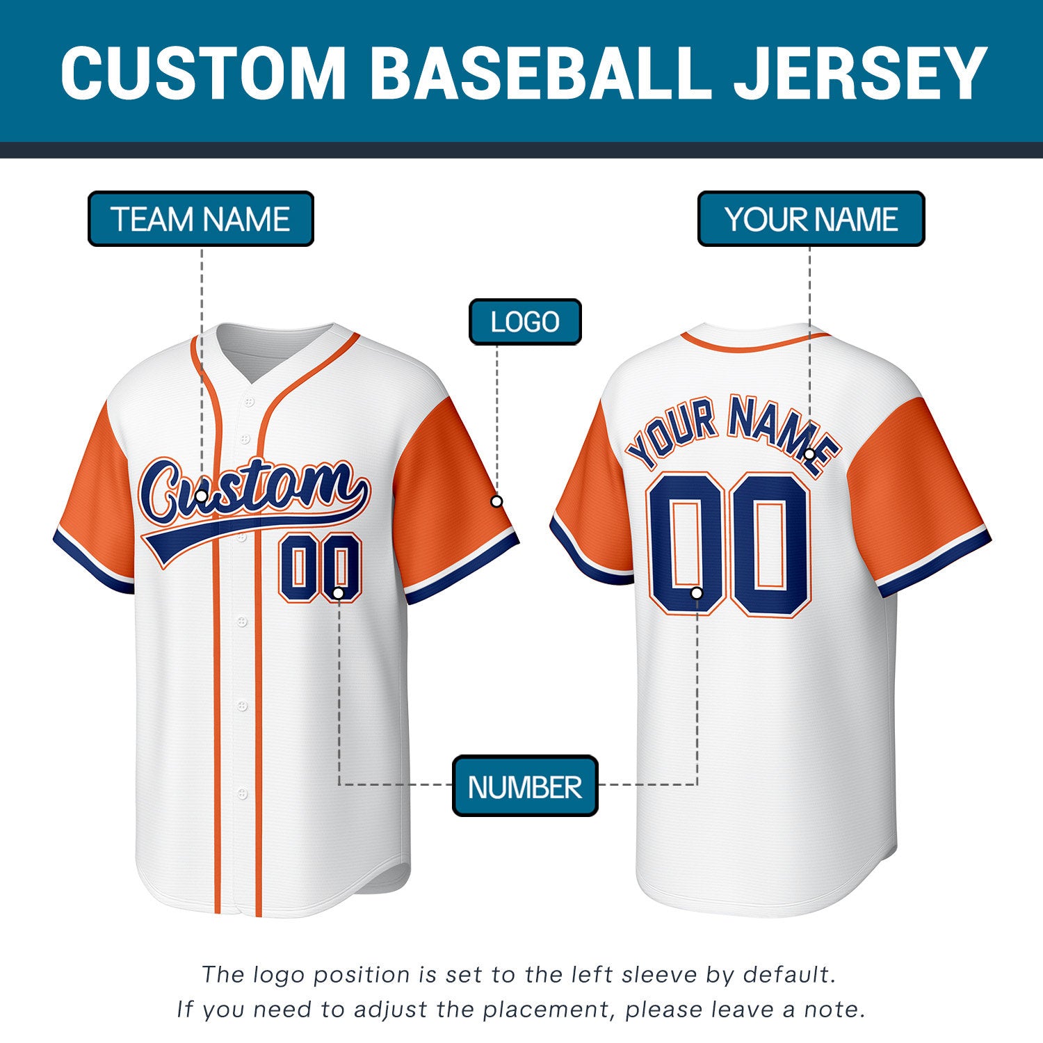 Custom Stitched Baseball Jersey White Orange Navy | Personalized Name & Number | Team Uniform