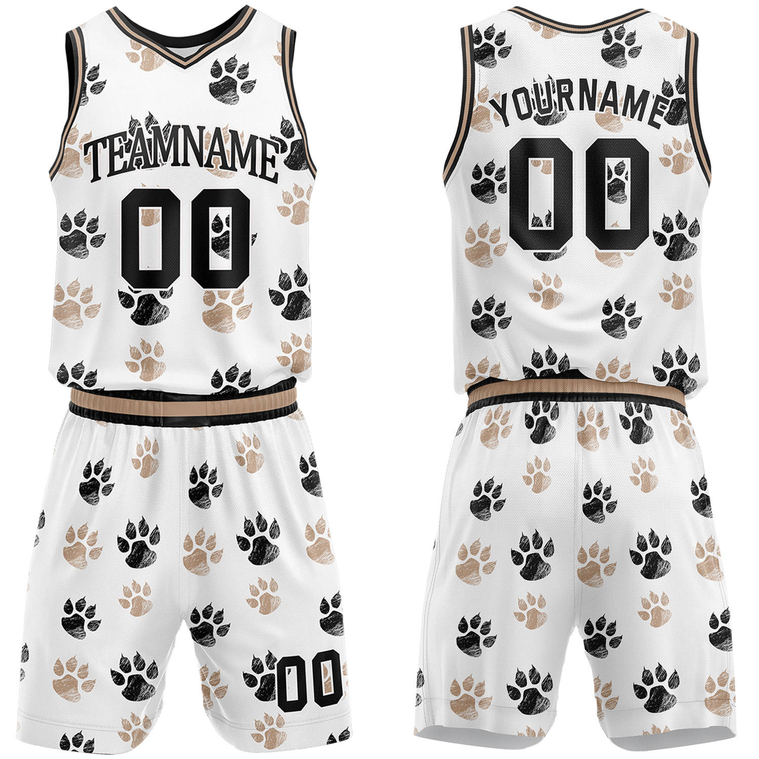 Custom white paw print basketball jersey & shorts set by Vosoli | Personalized team name & number sportswear