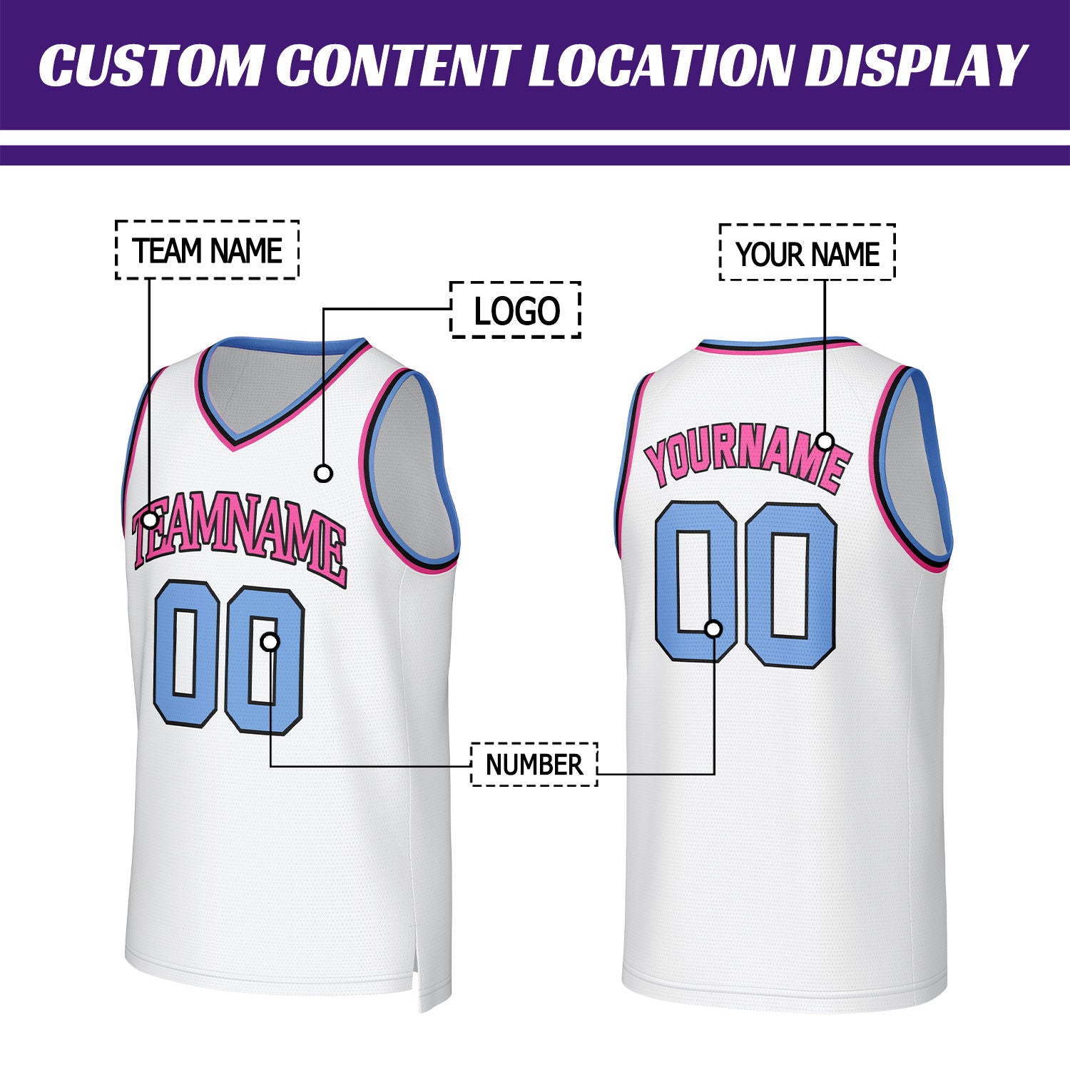 Custom White & Pink-Blue Basketball Jersey | Personalized Name & Number Team Uniform