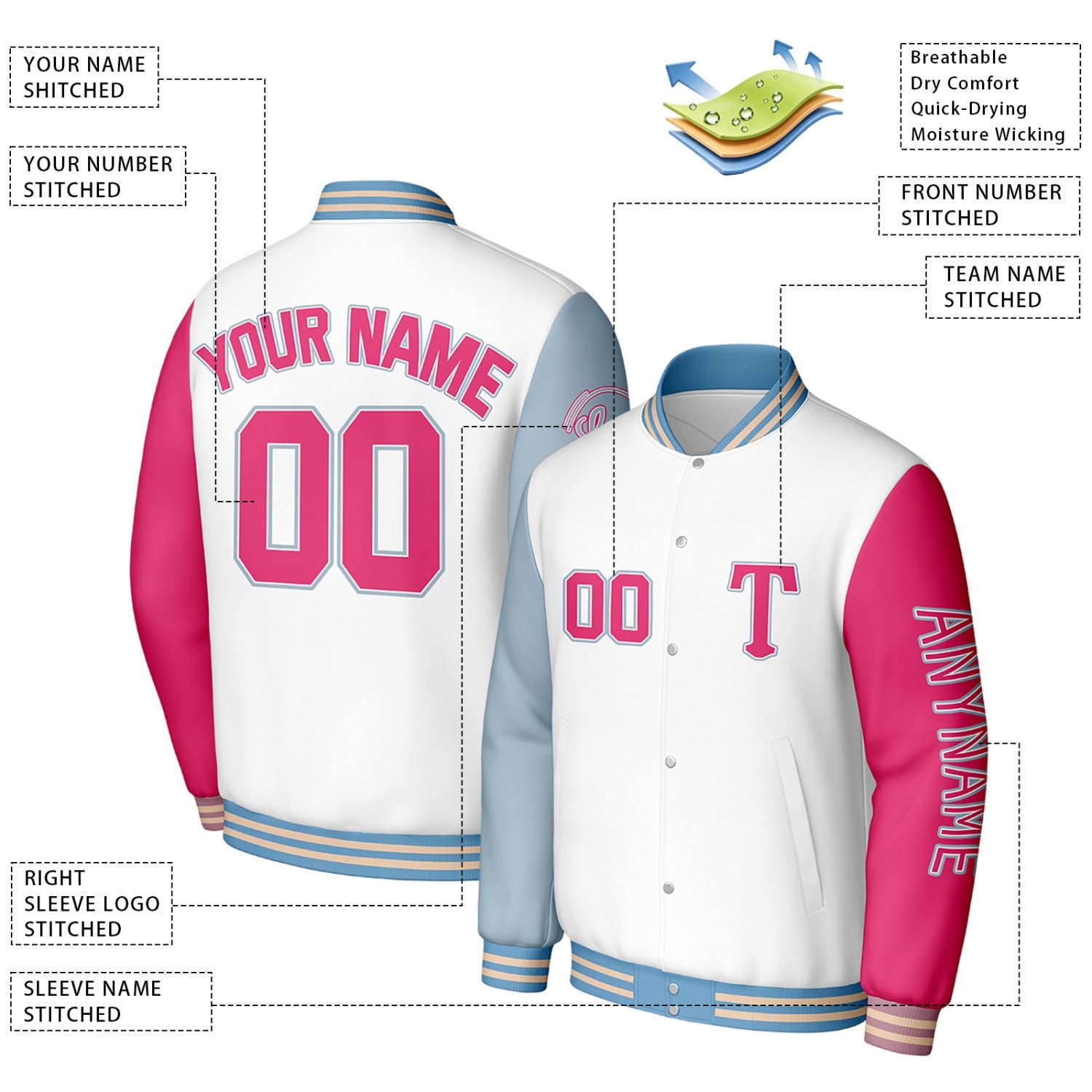 Custom White & Pink Varsity Baseball Jacket | Personalized Letterman Baseball Bomber for Adult & Youth