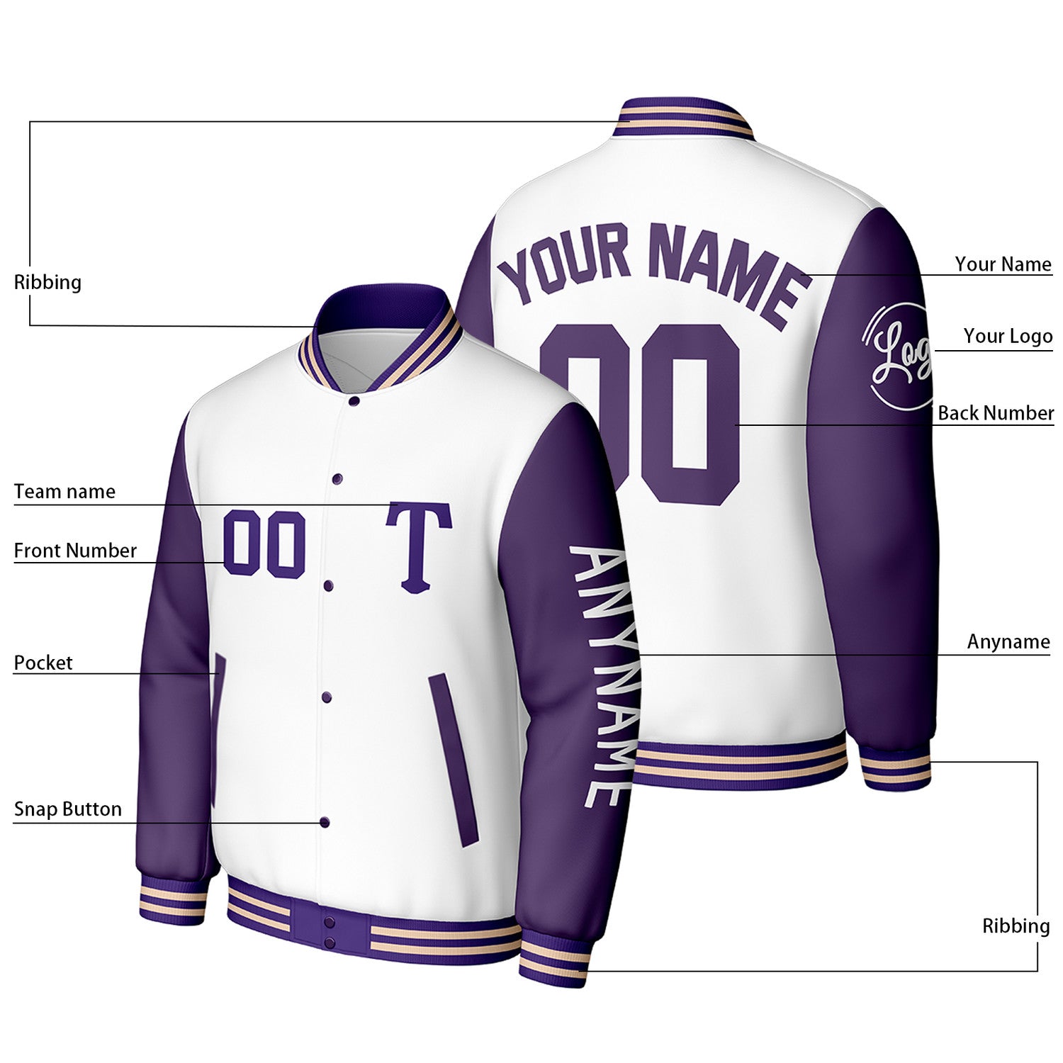 Custom White & Purple Varsity Baseball Jacket | Personalized Letterman Baseball Bomber for Adult & Youth