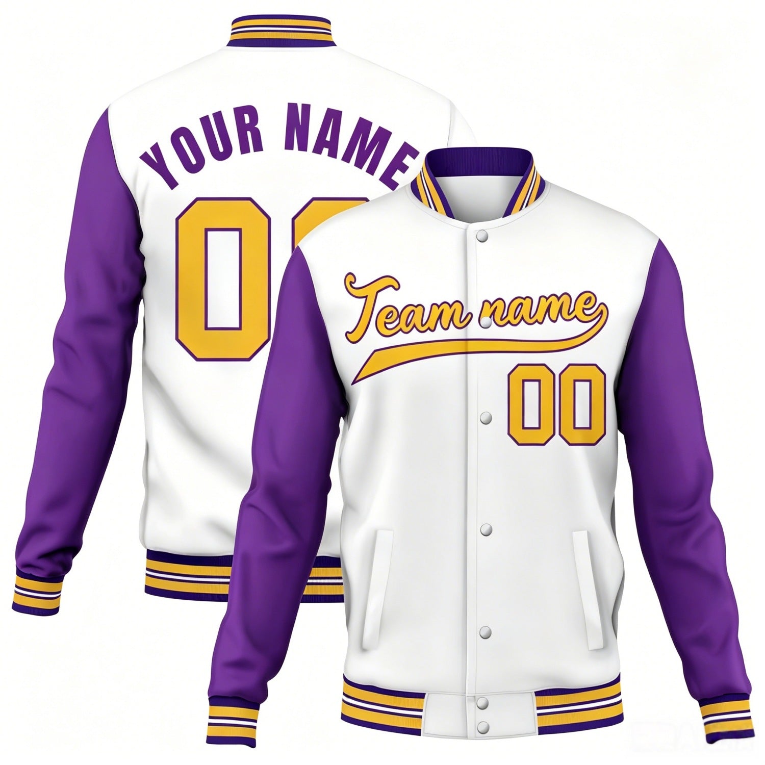 Custom white-purple contrast sleeve stitched varsity baseball jacket by Vosoli | Personalized team name & number jacket for youth & adults