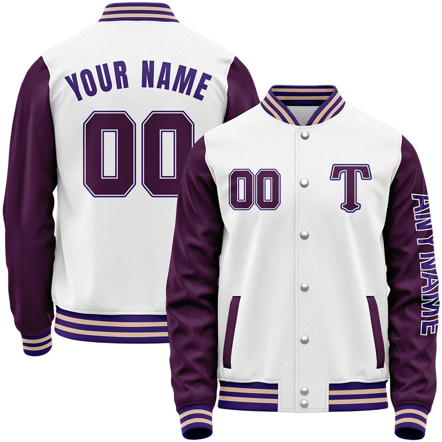Custom white and purple team varsity baseball jacket by Vosoli with stitched name, number and logo. Classic varsity jacket for baseball and casual wear.