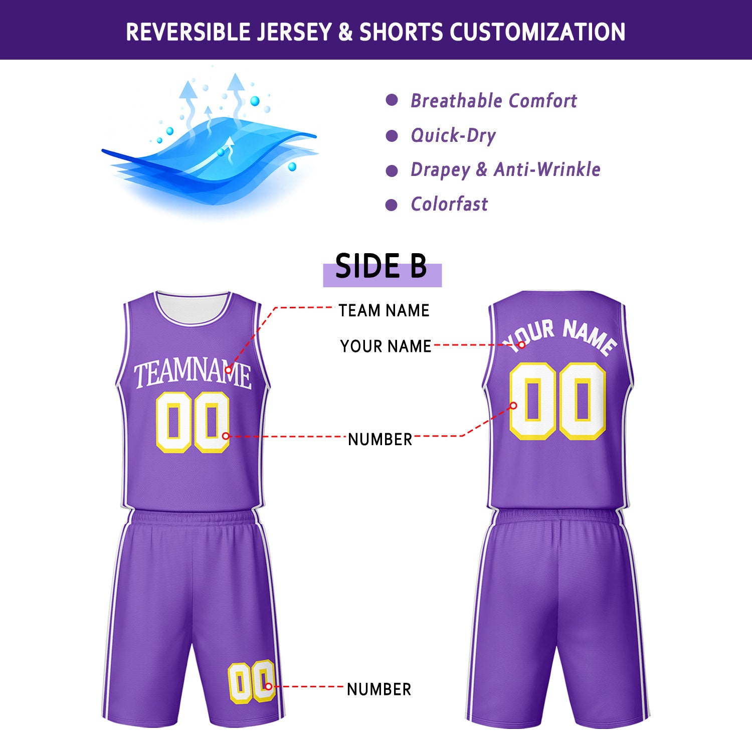 Custom White & Purple Reversible Basketball Jersey Shorts Set | Personalized Team Uniform