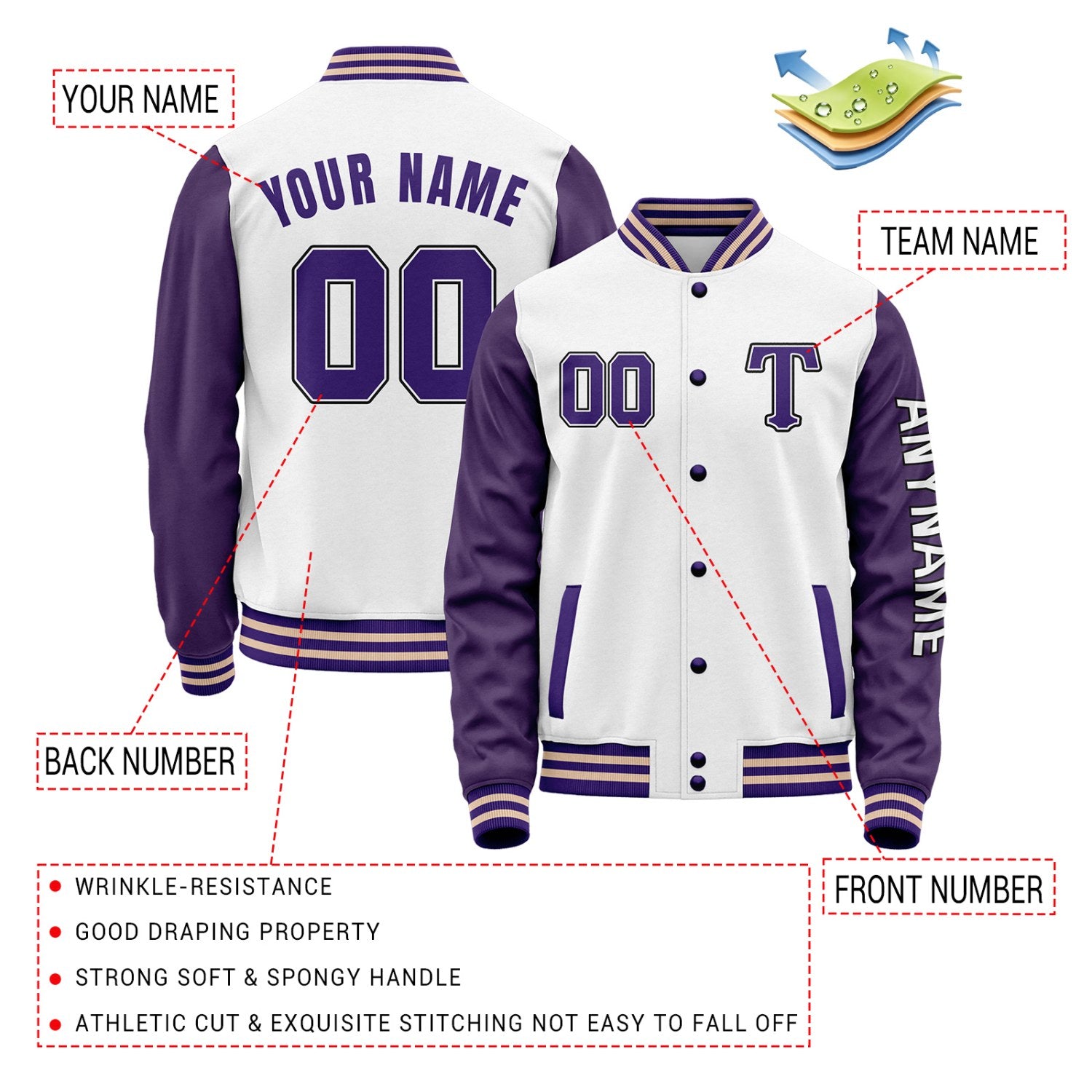 Custom White & Purple Varsity Letterman Jacket | Personalized Baseball Bomber Coat for Adult & Youth