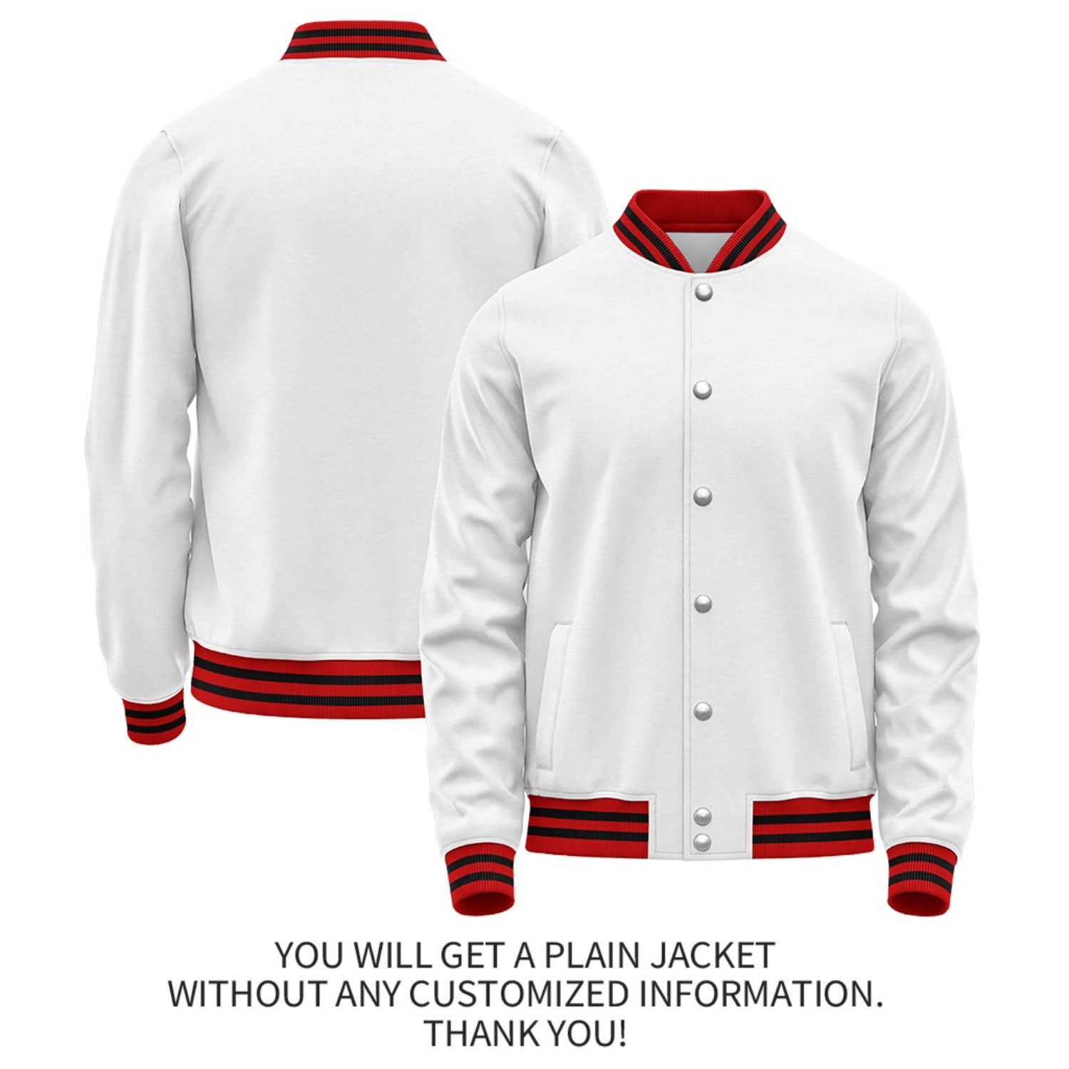 Custom White Red Jacket Personalized Team Name Number Letterman Bomber for Adult & Youth
