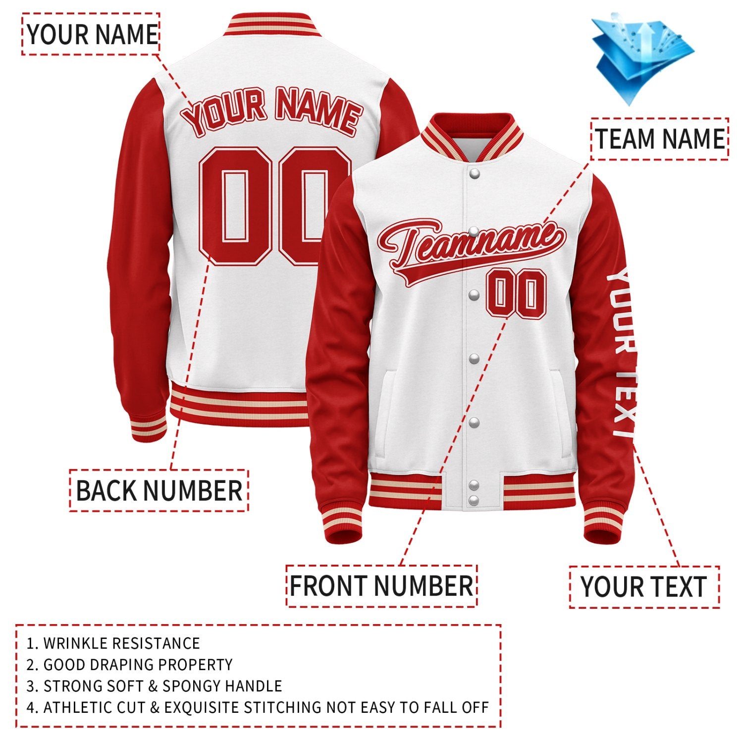 Custom White Red Jacket Personalized Team Name Number Letterman Bomber for Adult & Youth