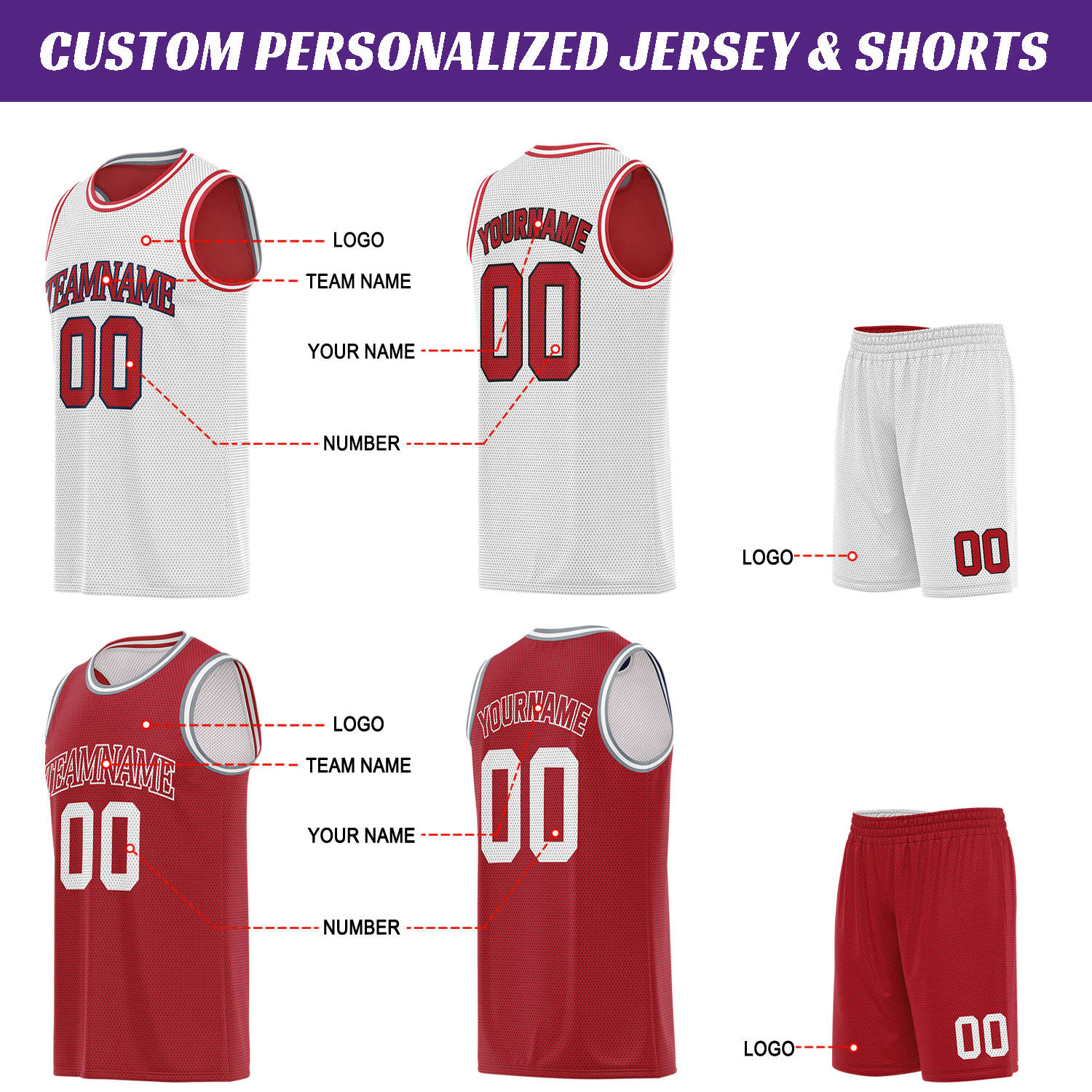 Custom White & Red Basketball Jersey Set | Personalized Team Uniform | Vosoli