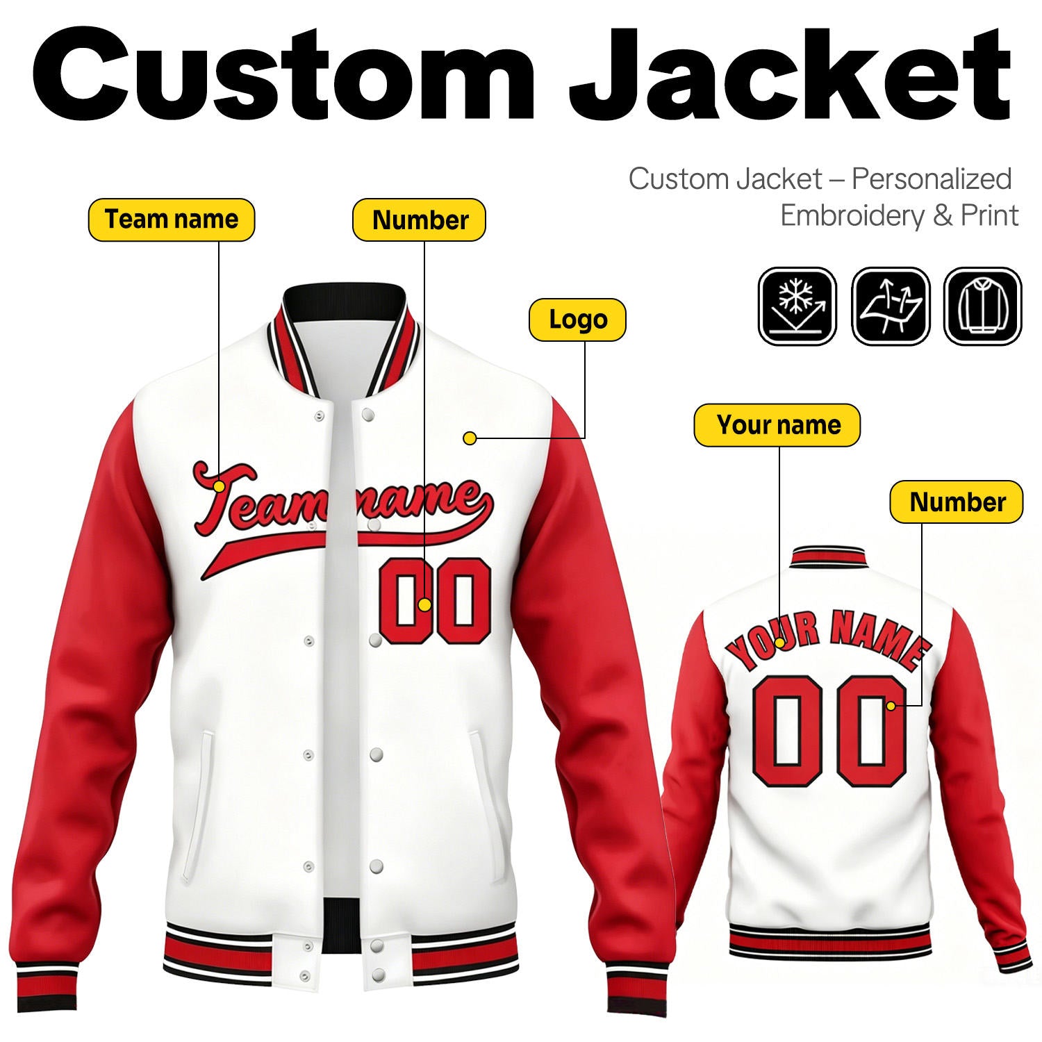 Custom White & Red Contrast Sleeve Varsity Baseball Jacket | Personalized Team Name & Number