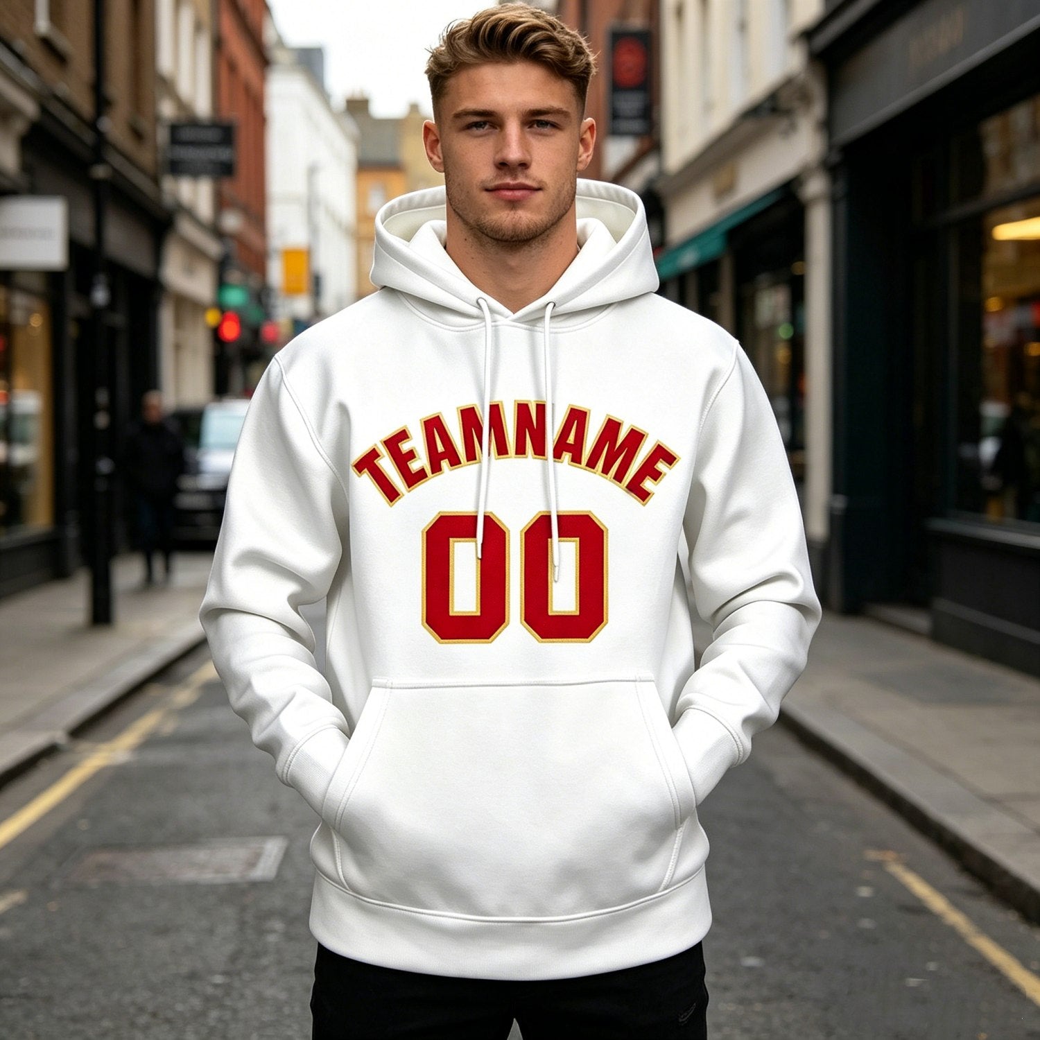 Custom White & Red Hoodie | Personalized Name & Number Sports Pullover | Vosoli