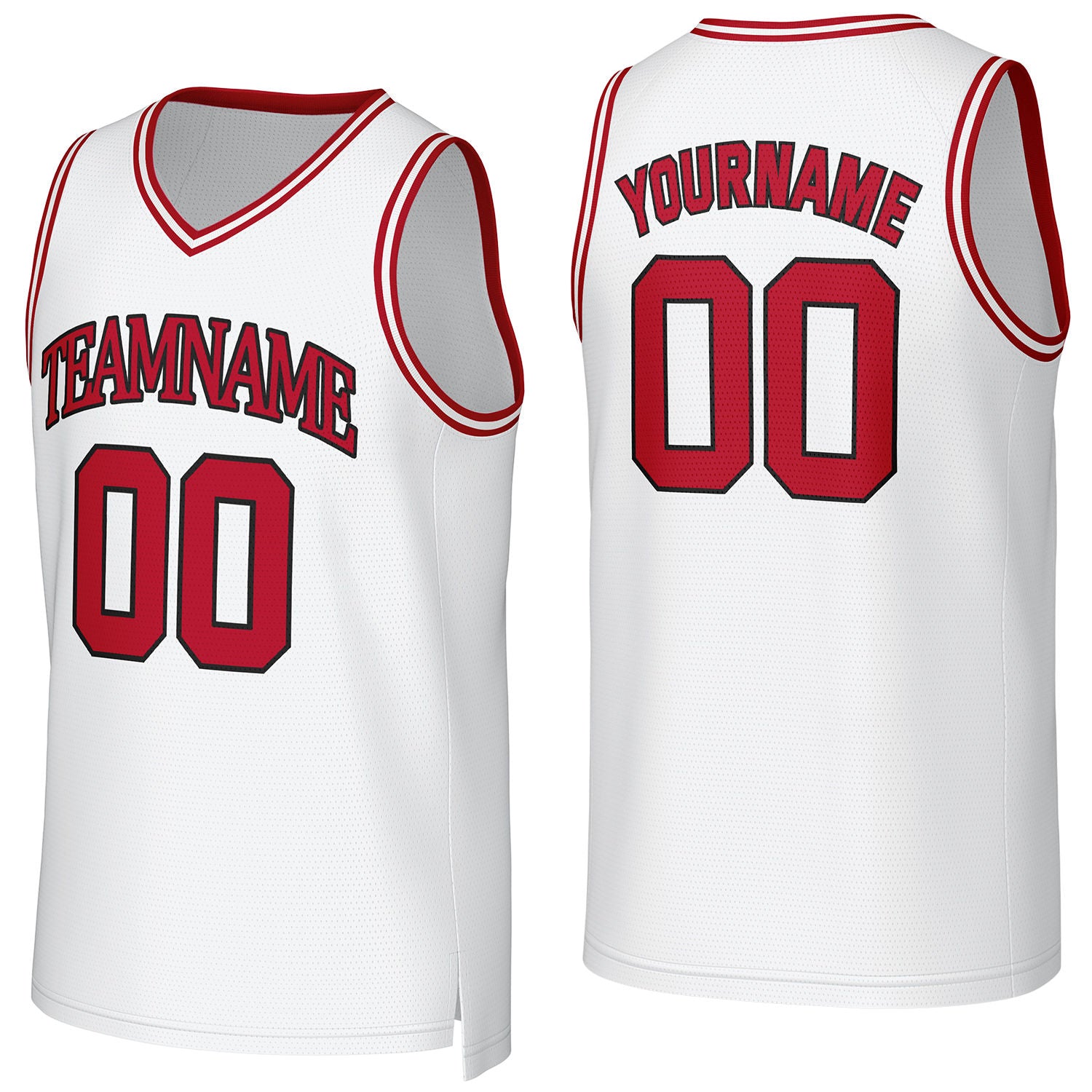 Custom white-red V-neck mesh basketball jersey by Vosoli | Personalized name & number team uniform for youth & adults