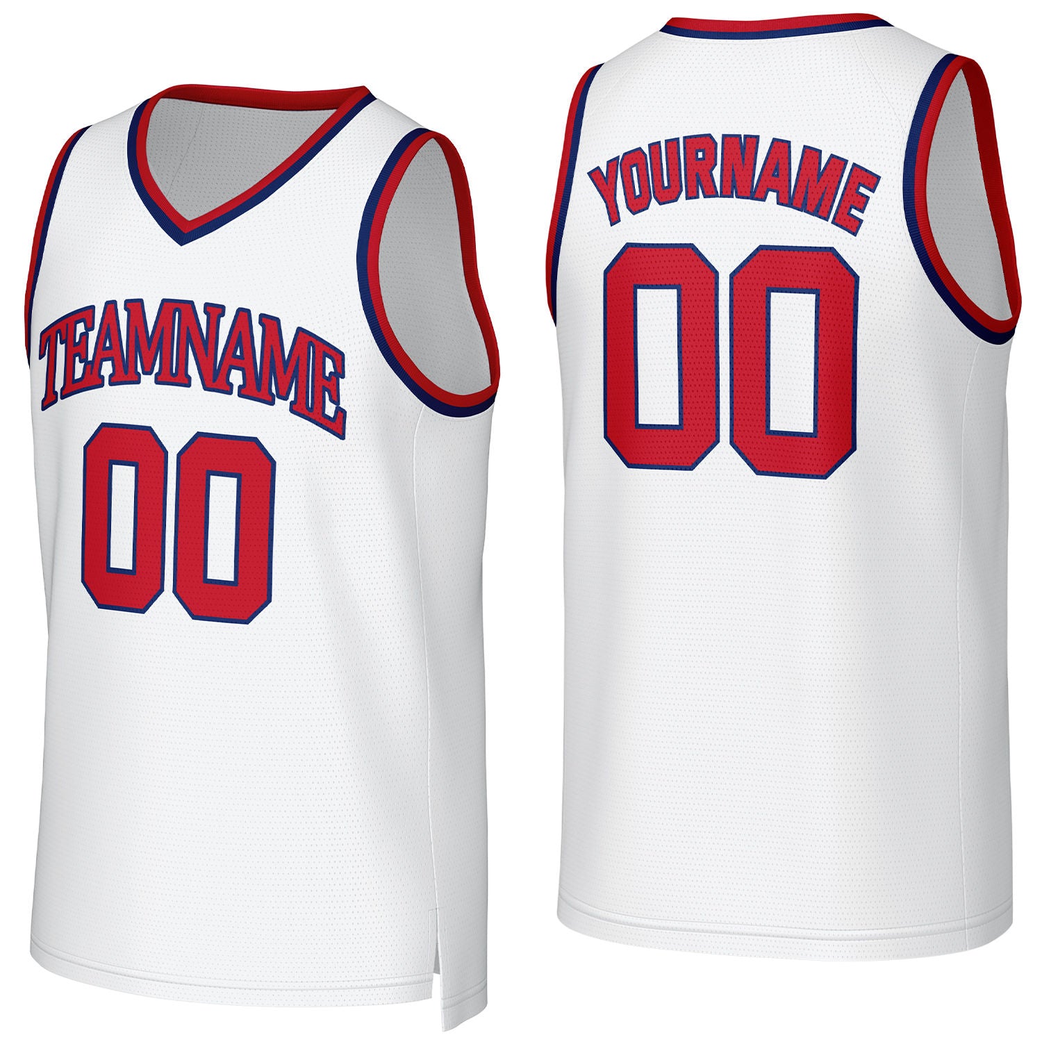 Custom white-red-navy mesh basketball jersey with logo, personalized name & number, team uniform for men women youth game practice - Vosoli