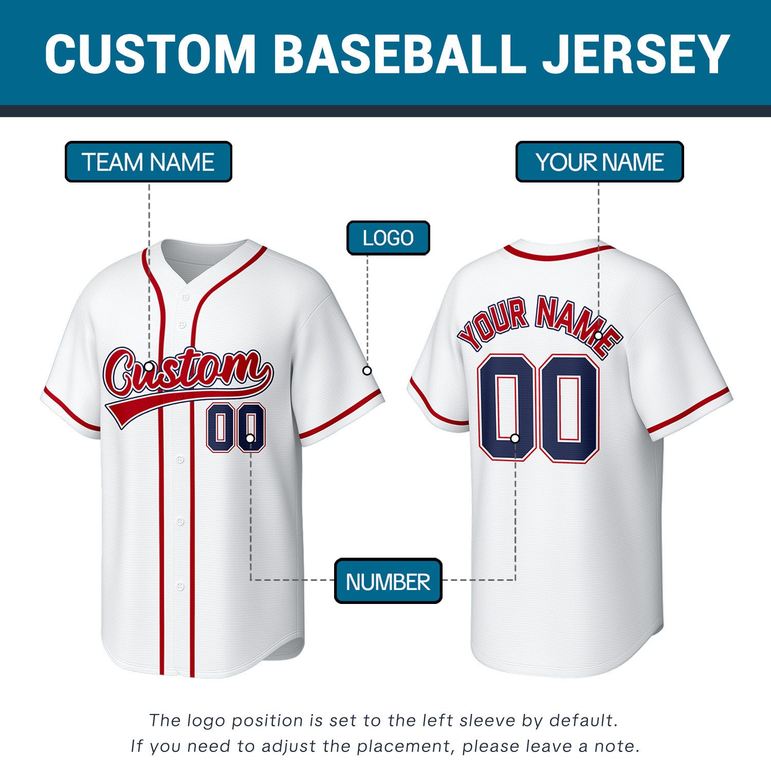 Custom White Red & Navy Personalized Baseball Jersey | Team Sports Uniform | Vosoli