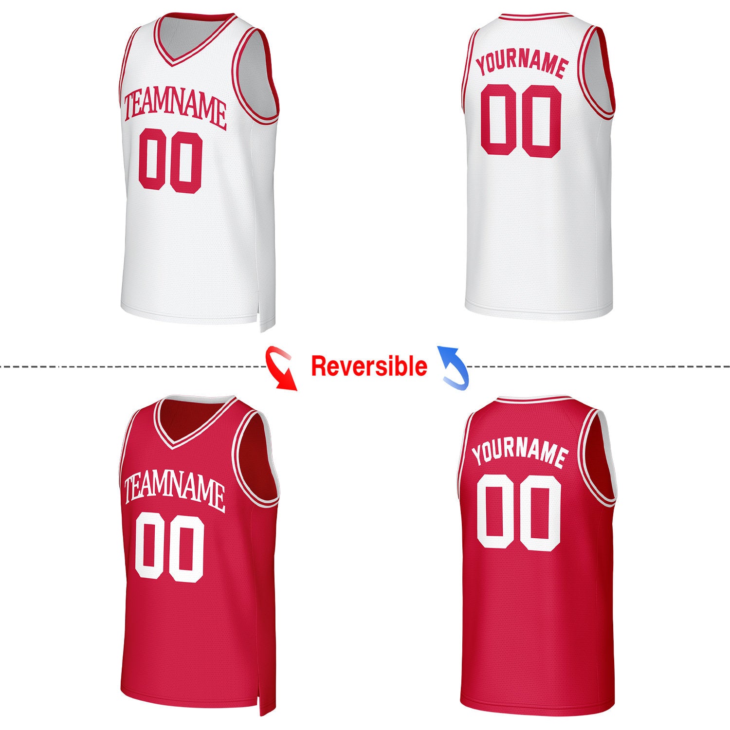 Custom White & Red Reversible Basketball Jersey | Personalized Team Uniform