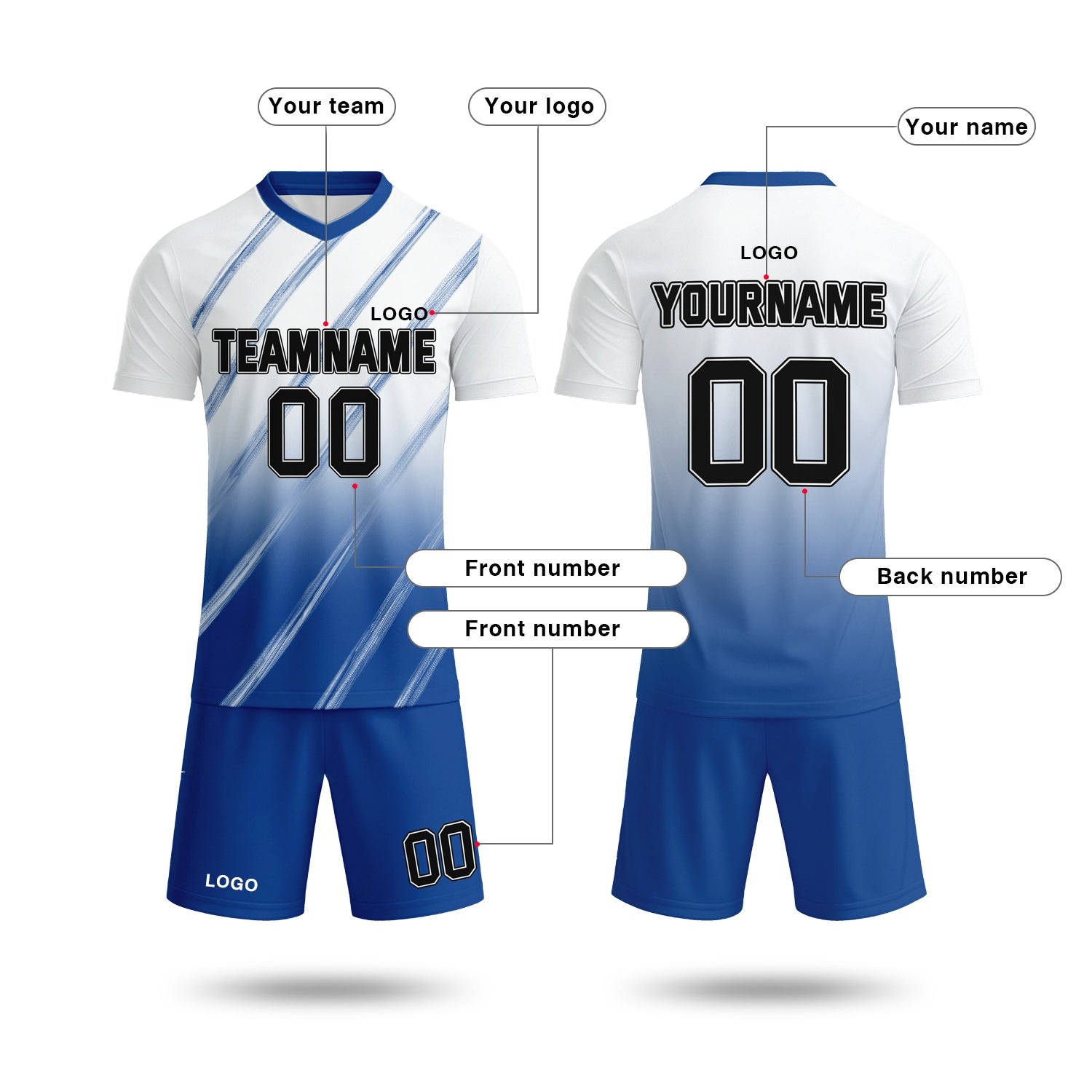Custom White & Royal Blue Gradient Soccer Jersey Set | Personalized Team Uniform | Vosoli