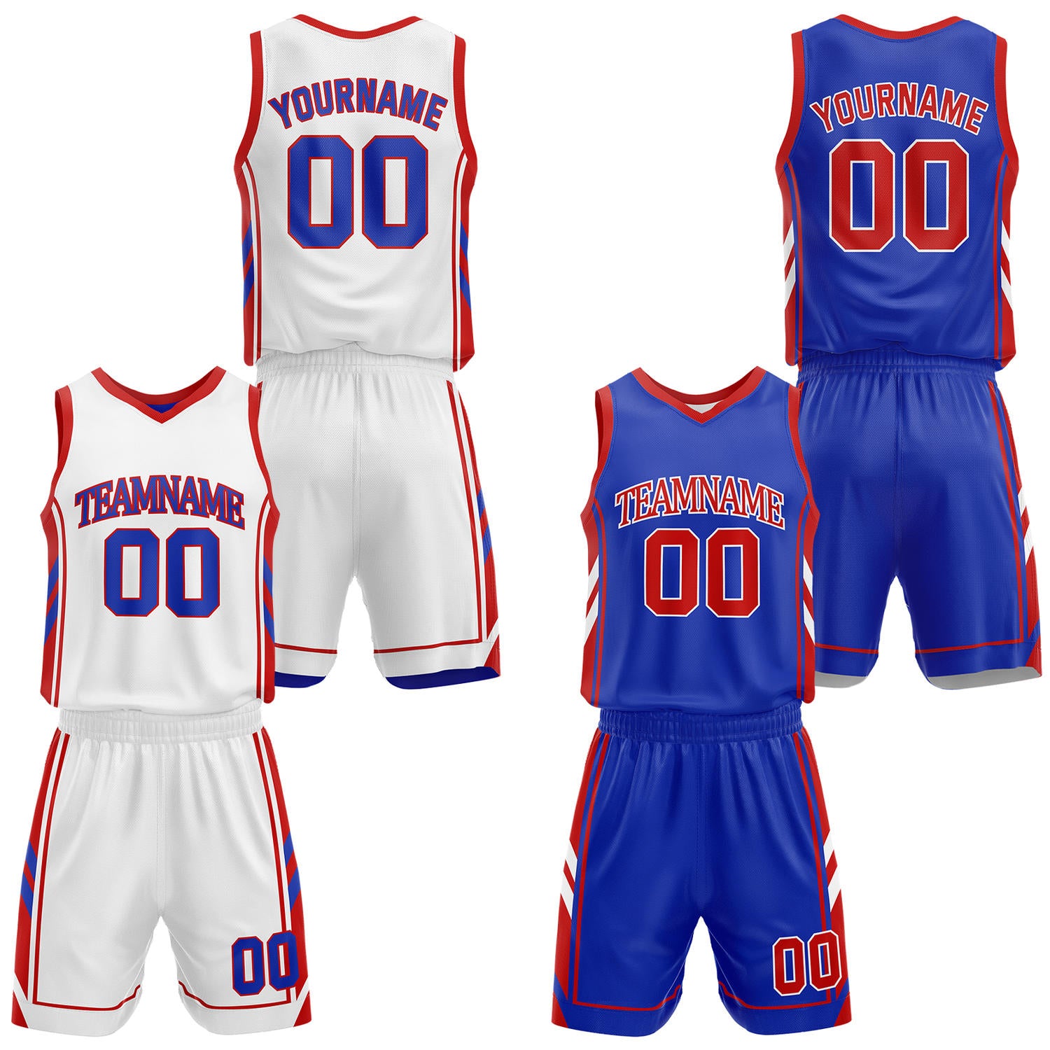 Custom white & royal blue reversible basketball uniform set by Vosoli | Personalized team name, number & logo | Breathable mesh jersey and shorts sport set