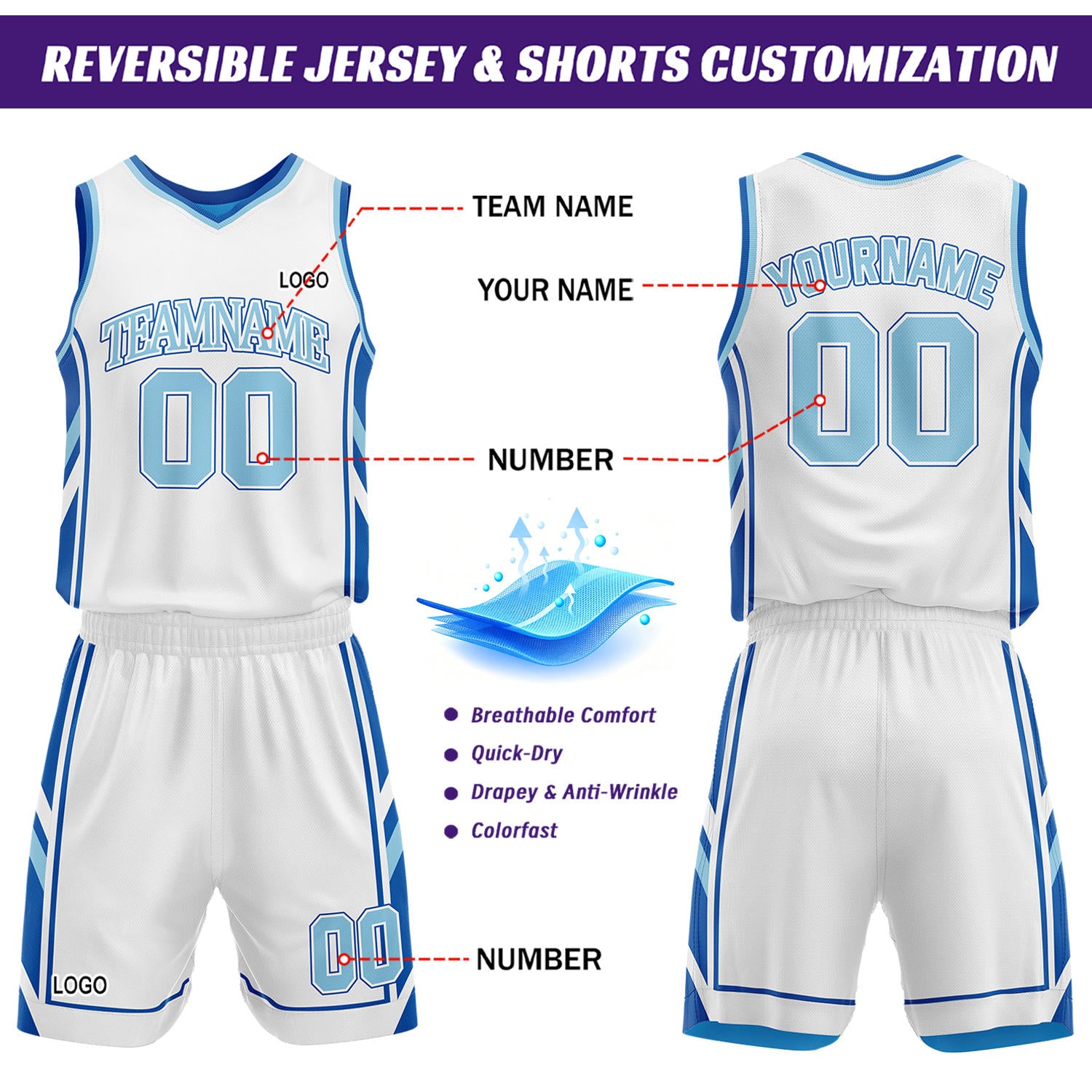 Custom White & Royal Blue Reversible Basketball Uniform Set | Personalized Name Number Sports Jersey Shorts Kit