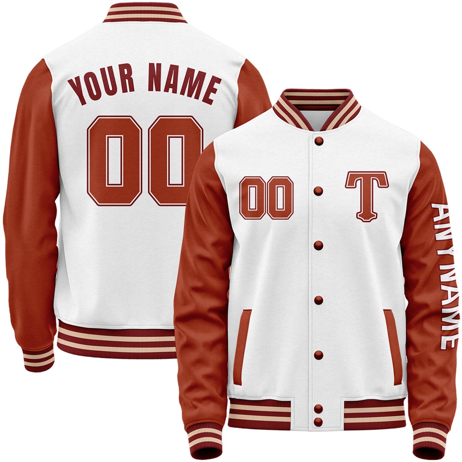 Custom white and rust youth team baseball jacket by Vosoli with stitched name, number and logo. Classic varsity jacket for baseball and casual wear.