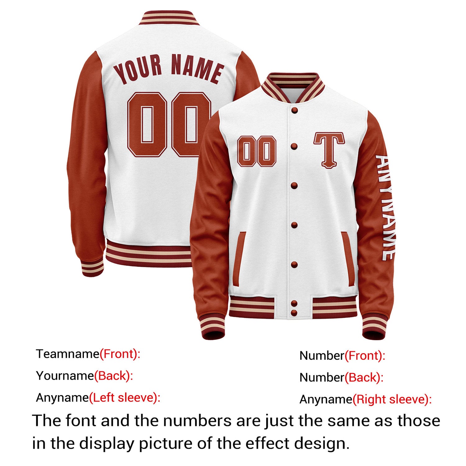 Custom White & Rust Varsity Letterman Jacket | Personalized Baseball Bomber Coat for Adult & Youth