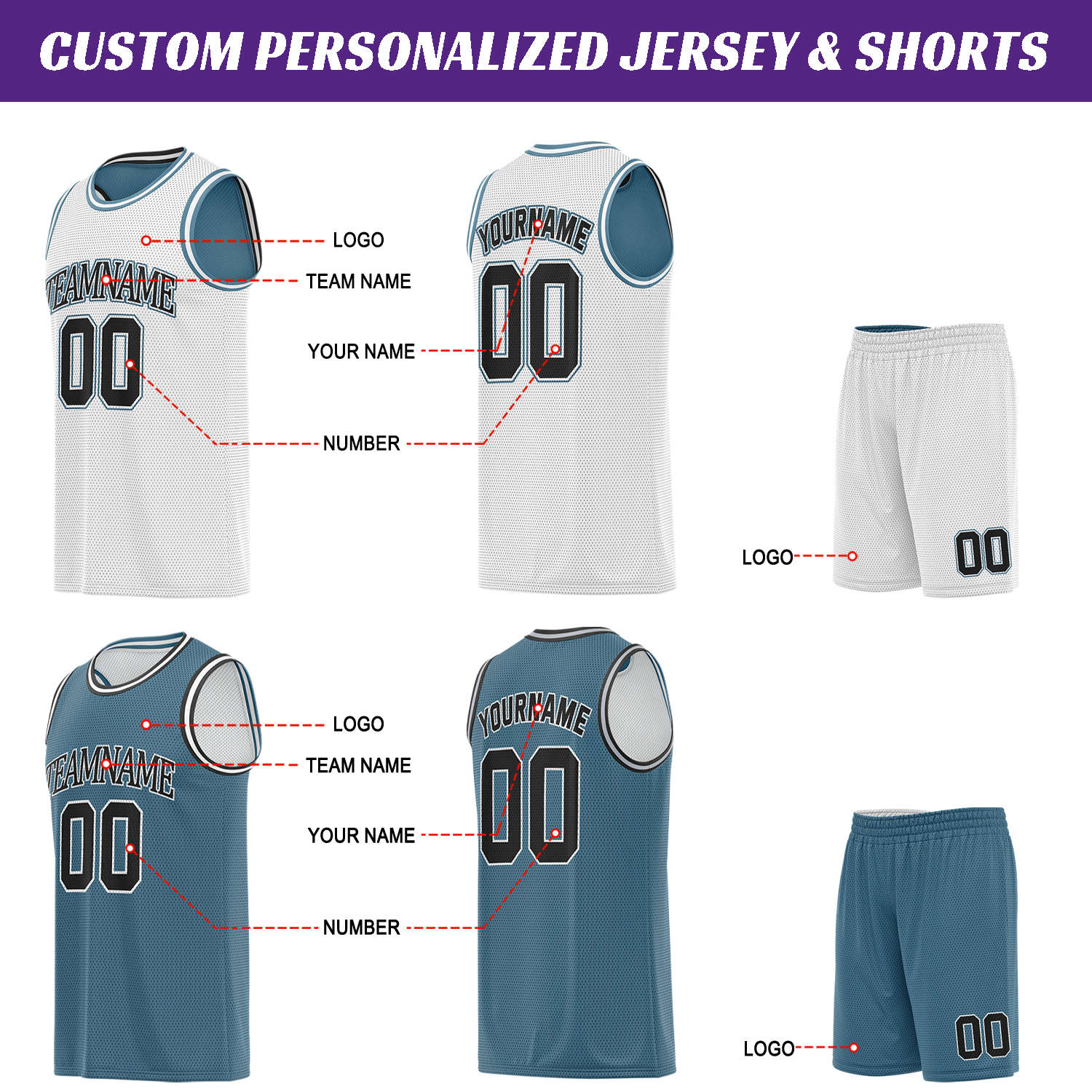 Custom White & Teal Basketball Jersey Set | Personalized Team Uniform | Vosoli