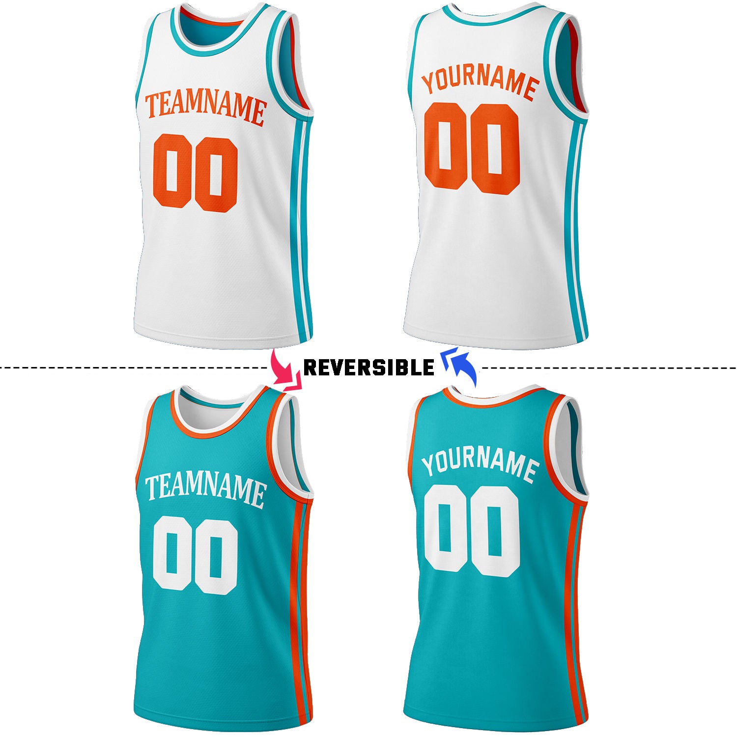 Custom White & Teal Reversible Basketball Jersey Shorts Set | Personalized Full Team Uniform