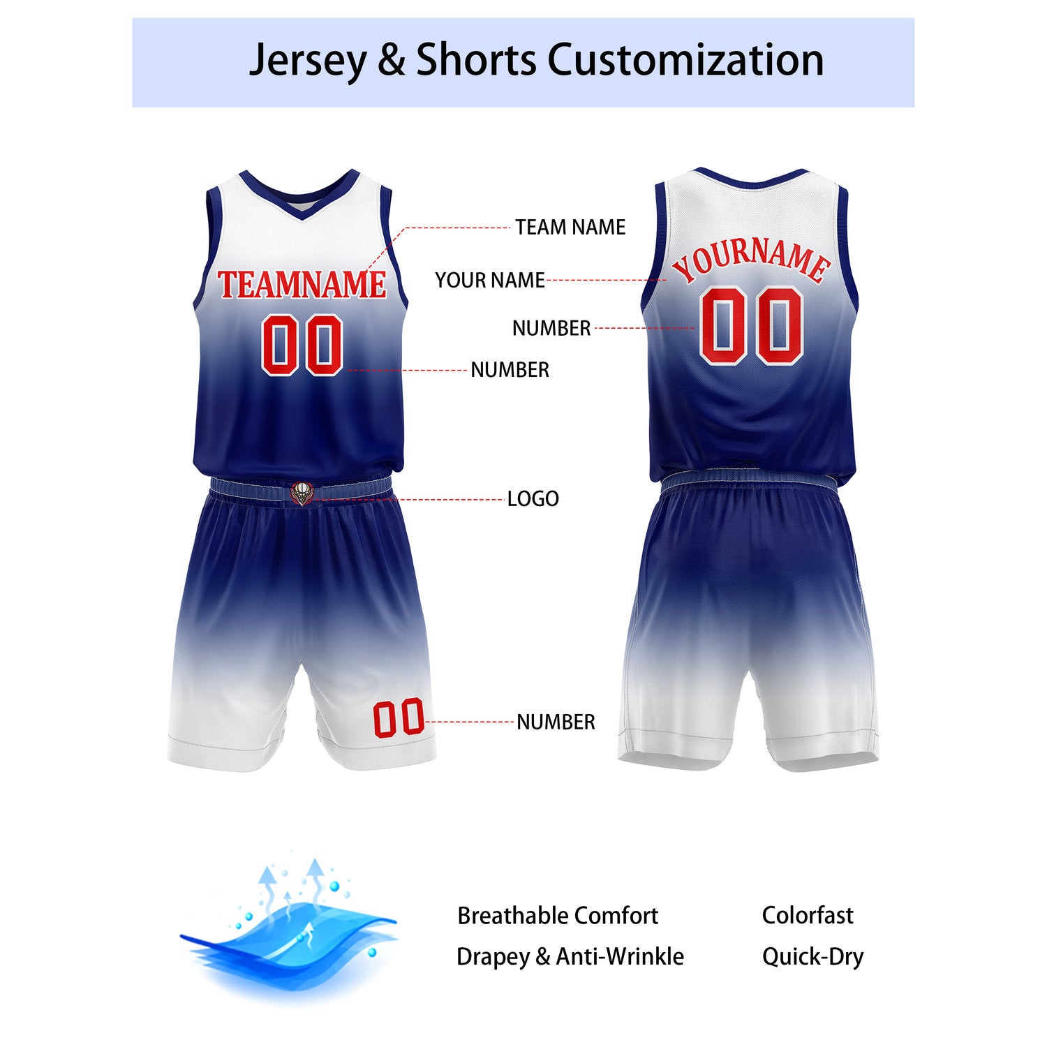 Custom White & Navy Blue Gradient Basketball Jersey + Shorts Set - Personalized Team Name, Number & LOGO | Vosoli