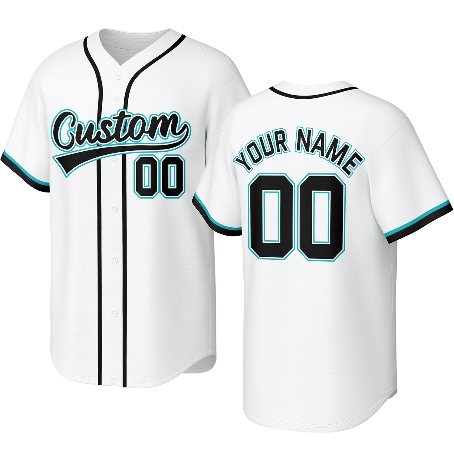 Custom white, turquoise & black baseball jersey with stitched logo, personalized name & number, button-front short-sleeve sports uniform for team men women youth game practice - Vosoli