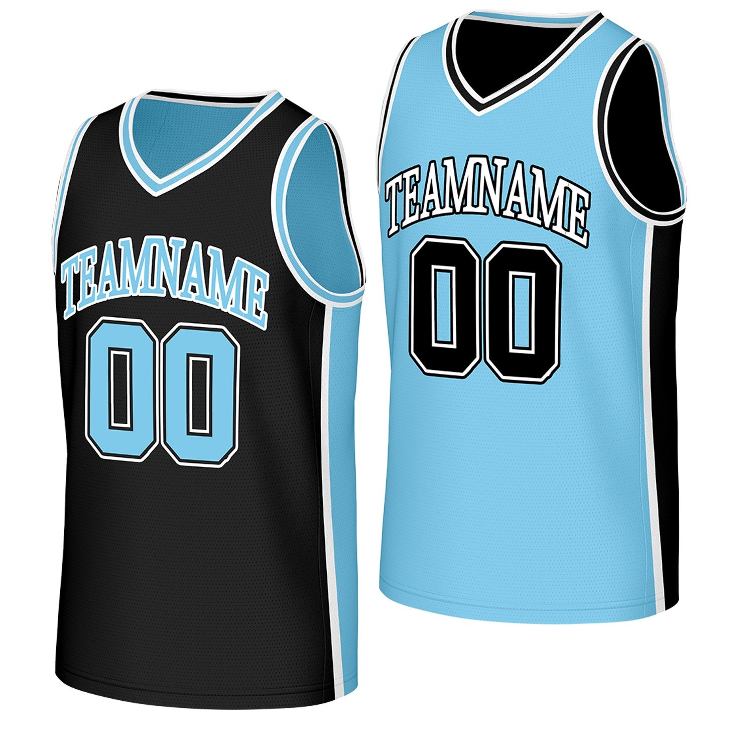 Custom wholesale basketball jerseys by Vosoli. Personalized black & light blue reversible jersey with name, number & logo. Breathable mesh fabric. Fast US shipping.