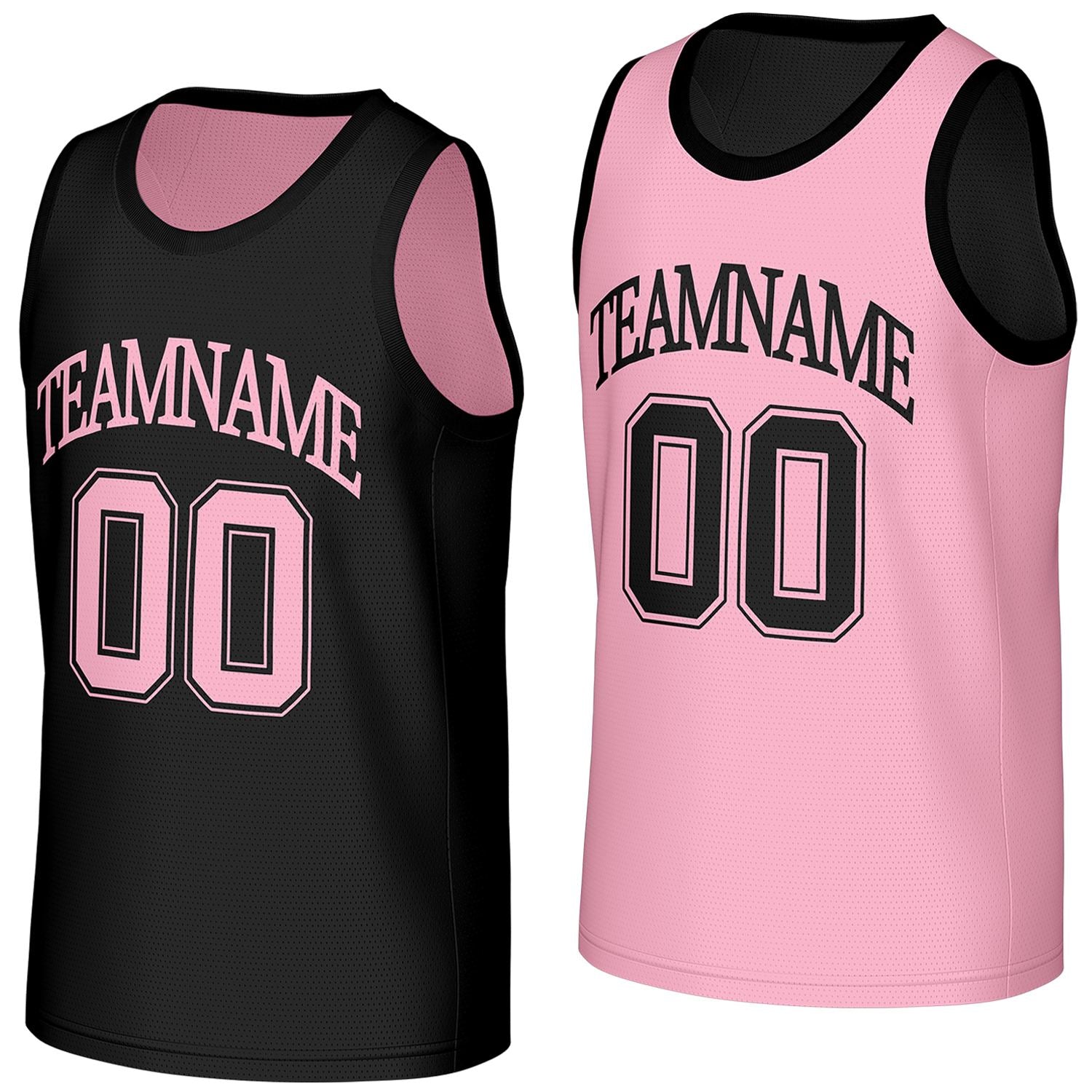 custom women's basketball jerseys black pink reversible by Vosoli, personalized team name, number & logo, breathable mesh dual sided basketball jersey for women's team games