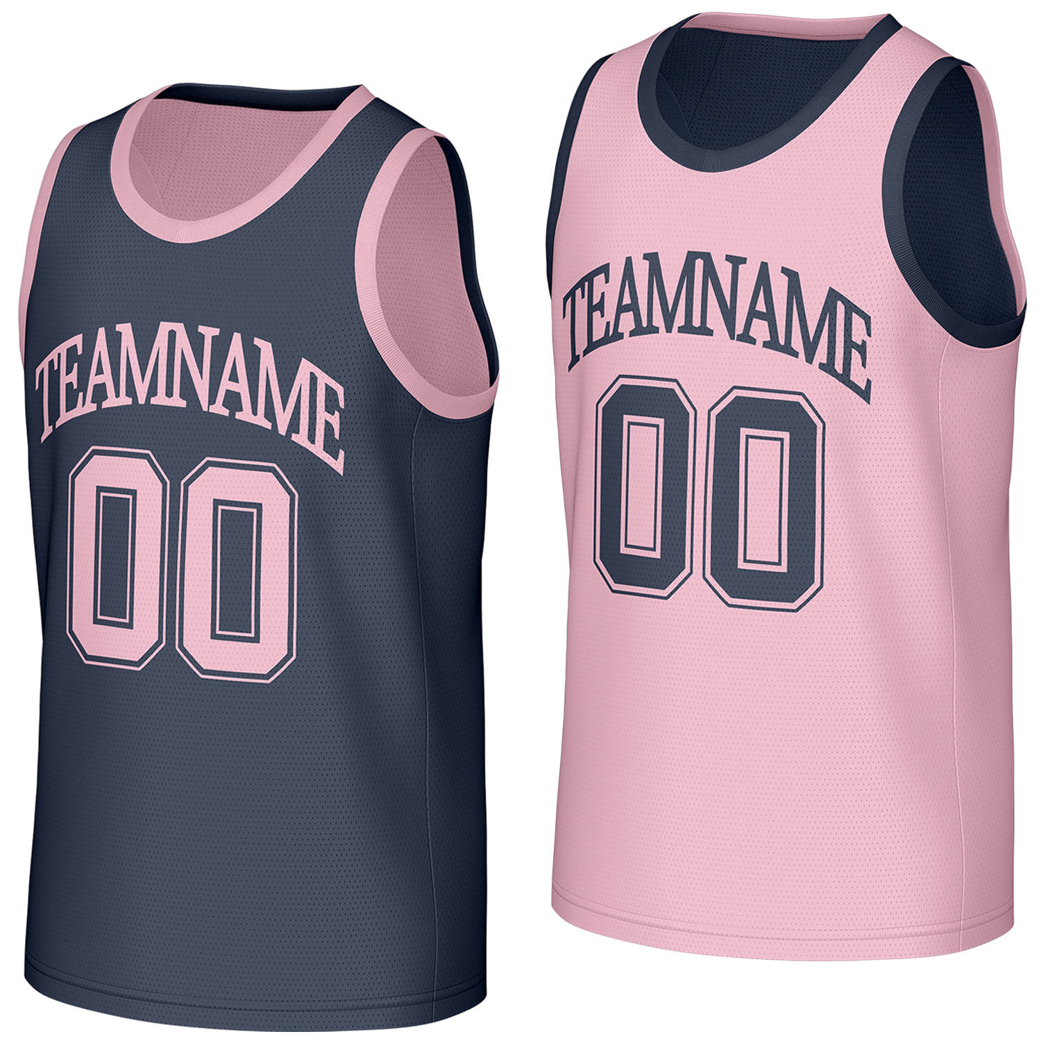 custom women's basketball jerseys navy pink reversible by Vosoli, personalized team name, number & logo, breathable mesh dual sided basketball jersey for women's team games