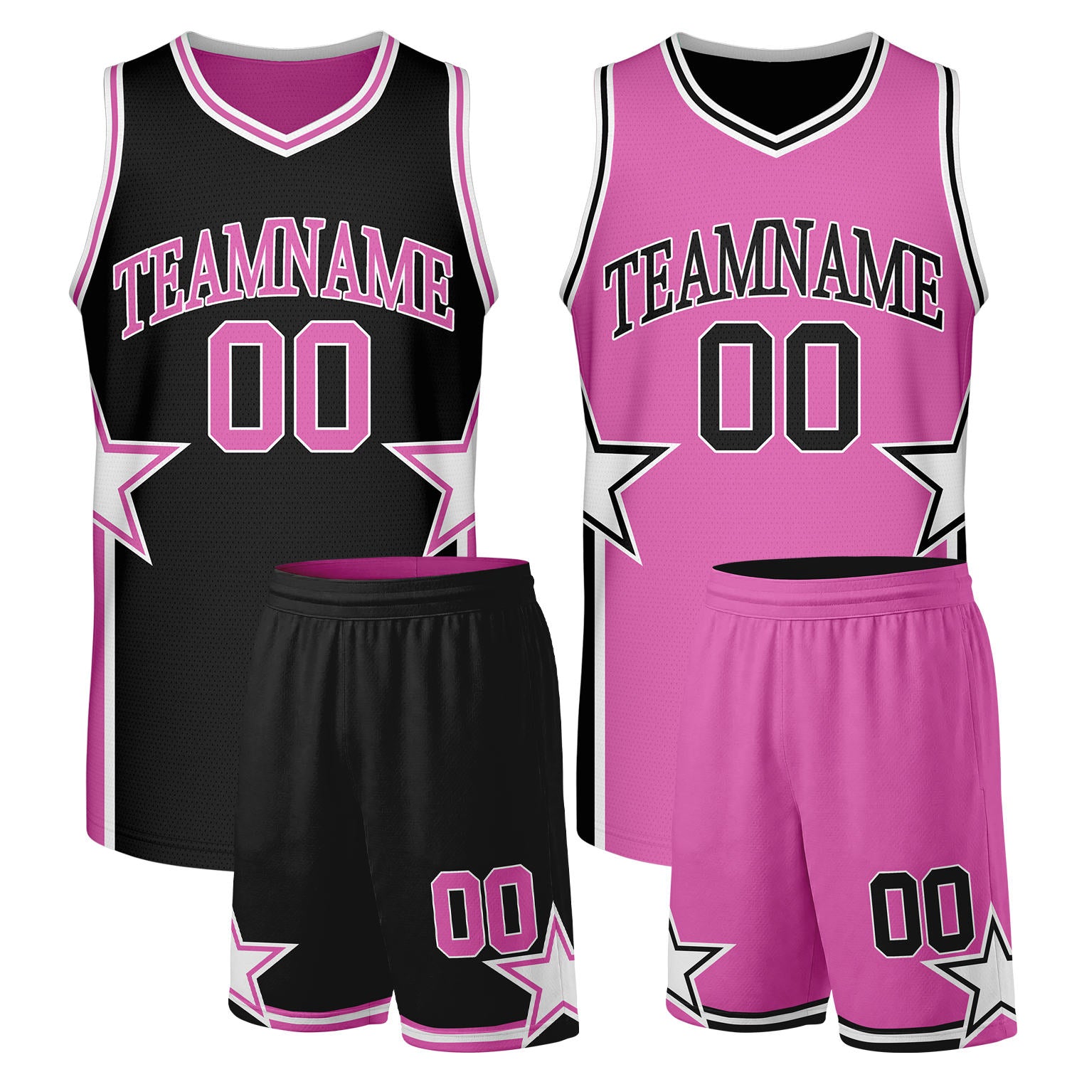 Custom women's basketball uniforms black pink reversible by Vosoli. Personalized team name, player number & logo. Breathable mesh. Fast delivery.