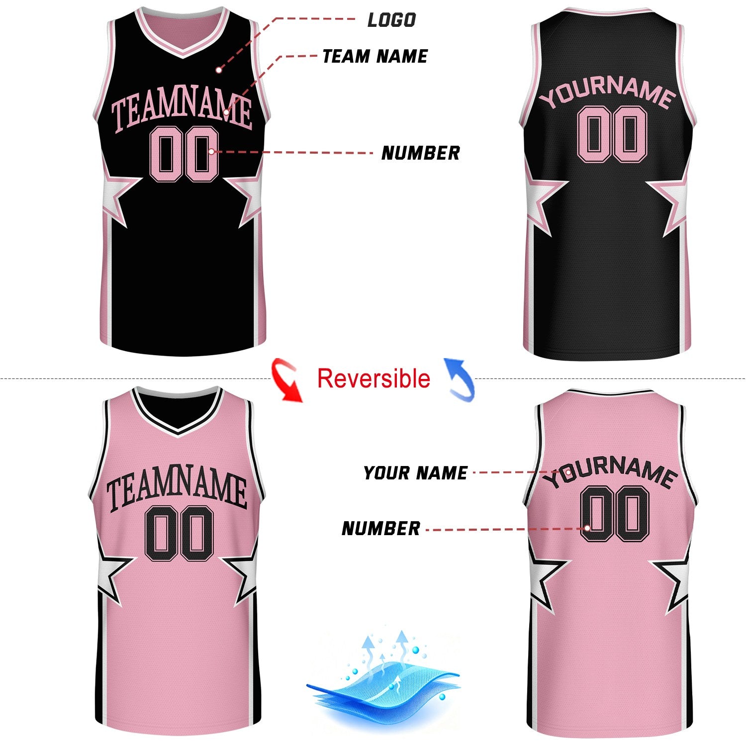 Custom Black & Pink Star Reversible Basketball Uniform Set | Breathable Mesh Jersey & Shorts