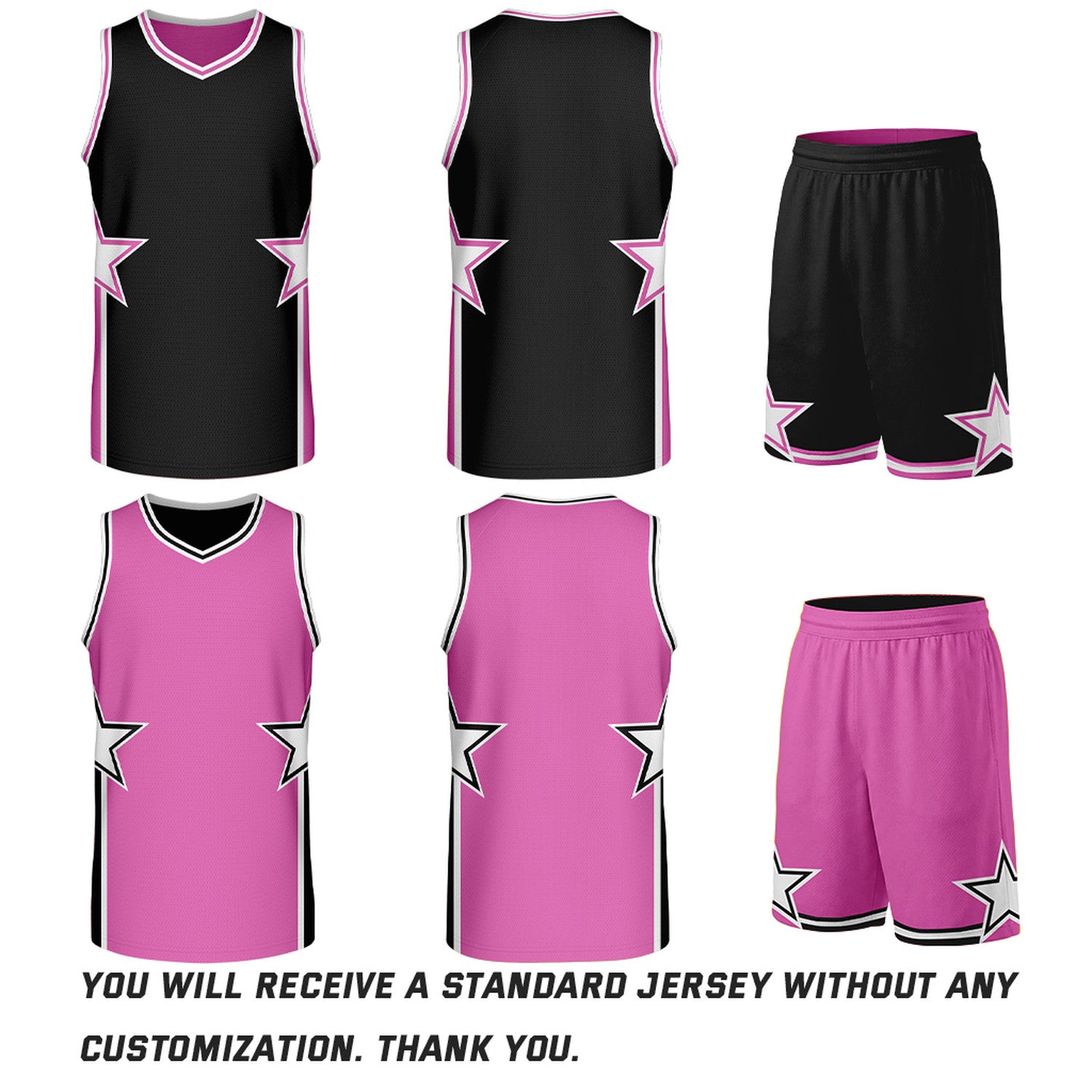 Custom Black & Pink Star Reversible Basketball Uniform Set | Breathable Mesh Jersey & Shorts