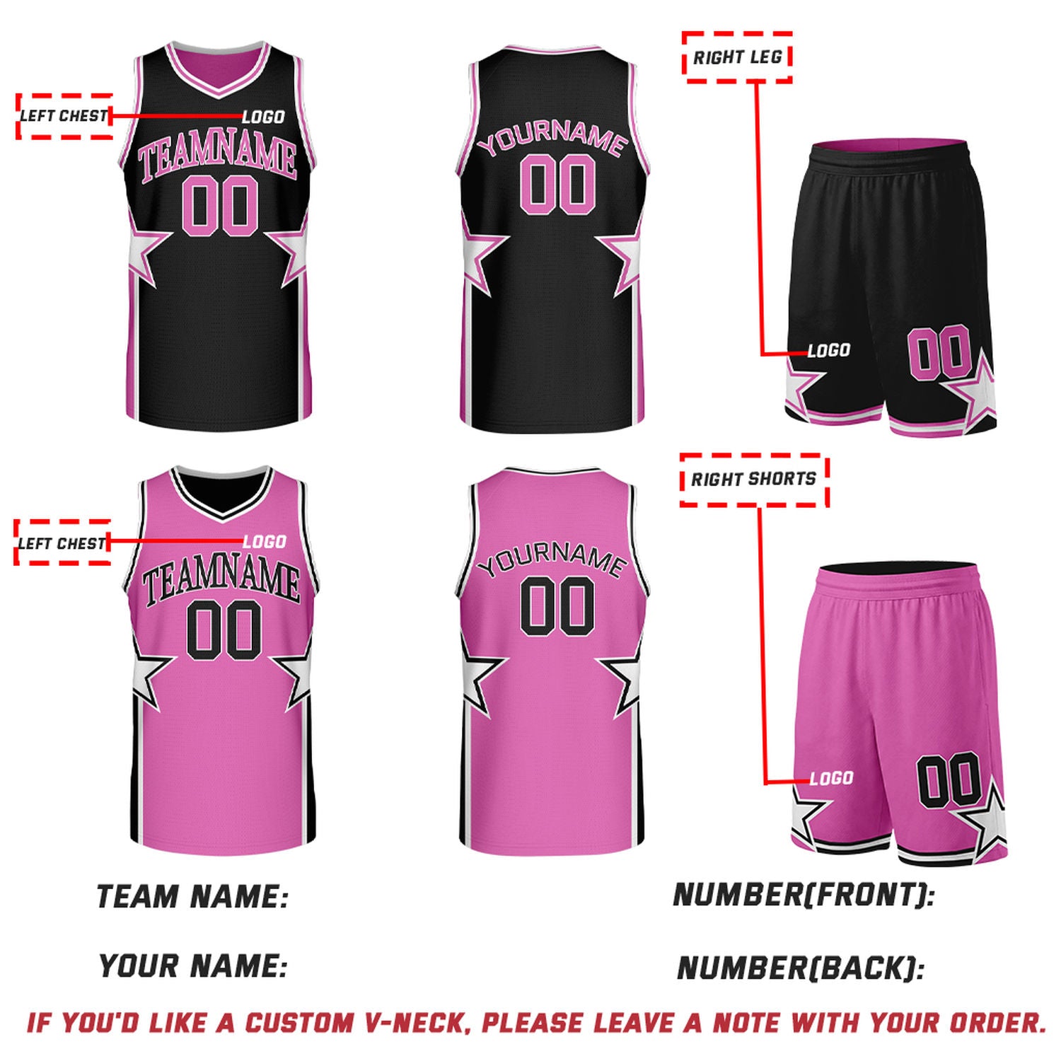 Custom Black & Pink Star Reversible Basketball Uniform Set | Breathable Mesh Jersey & Shorts