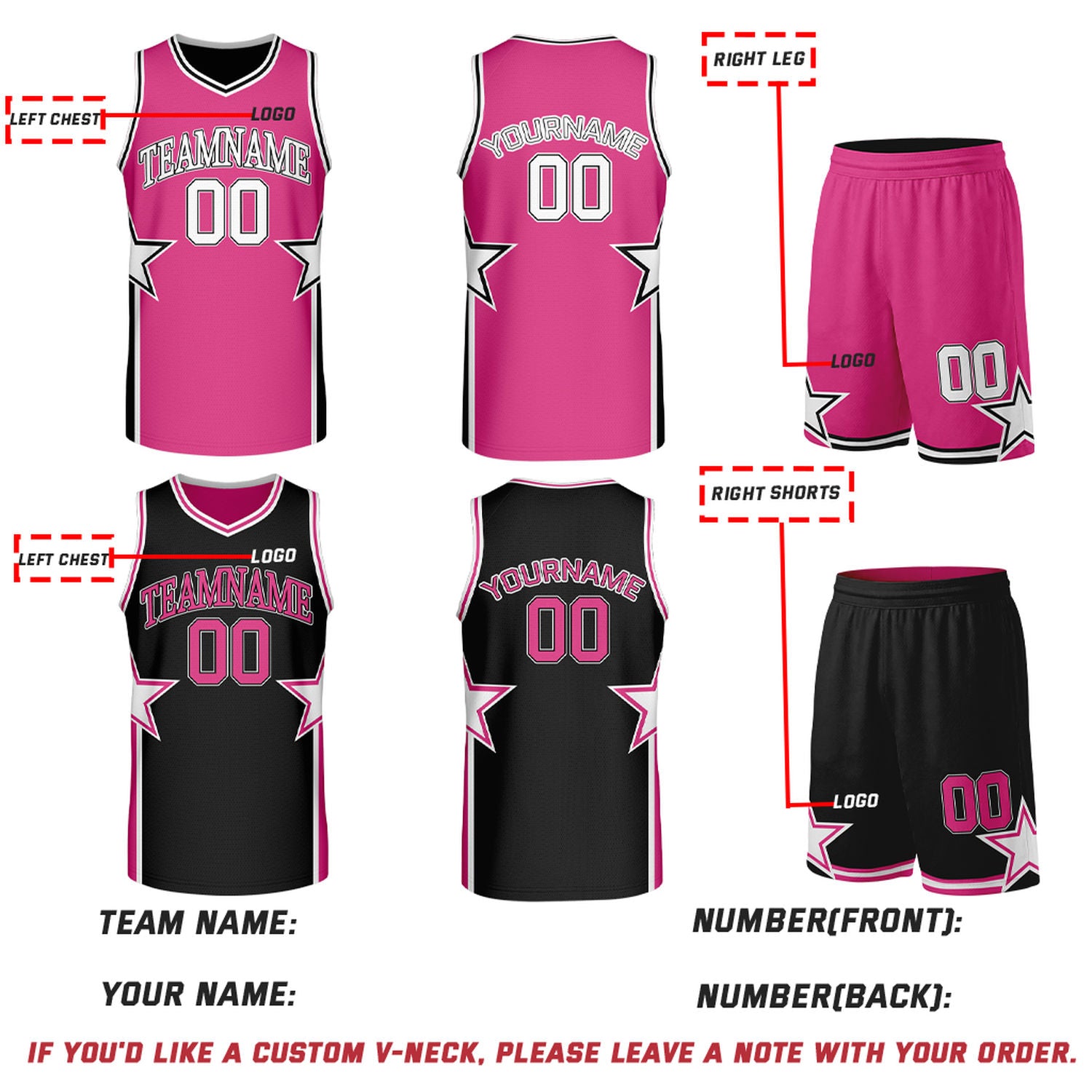 Custom Hot Pink & Black Star Reversible Basketball Uniform Set | Breathable Mesh Jersey & Shorts