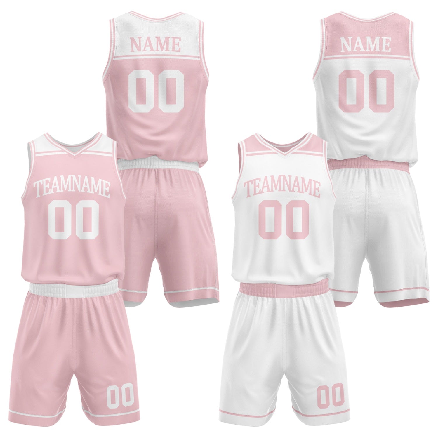 Custom women's basketball uniforms set light pink white by Vosoli. Personalized team name, player name, number & logo. Breathable mesh. Fast delivery.
