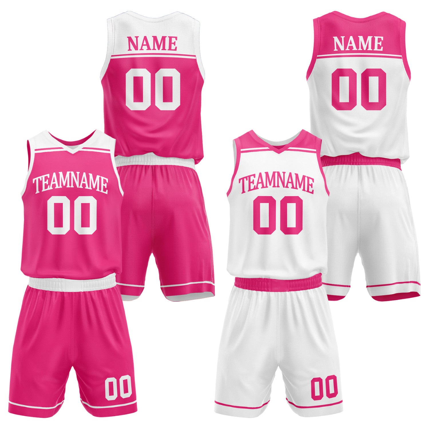 Custom women's basketball uniforms set hot pink white by Vosoli. Personalized team name, player name, number & logo. Breathable mesh. Fast delivery.