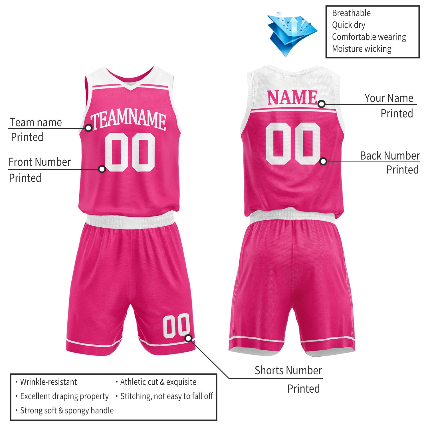 Custom Hot Pink & White Reversible Basketball Jersey Set | Wholesale Team Uniform