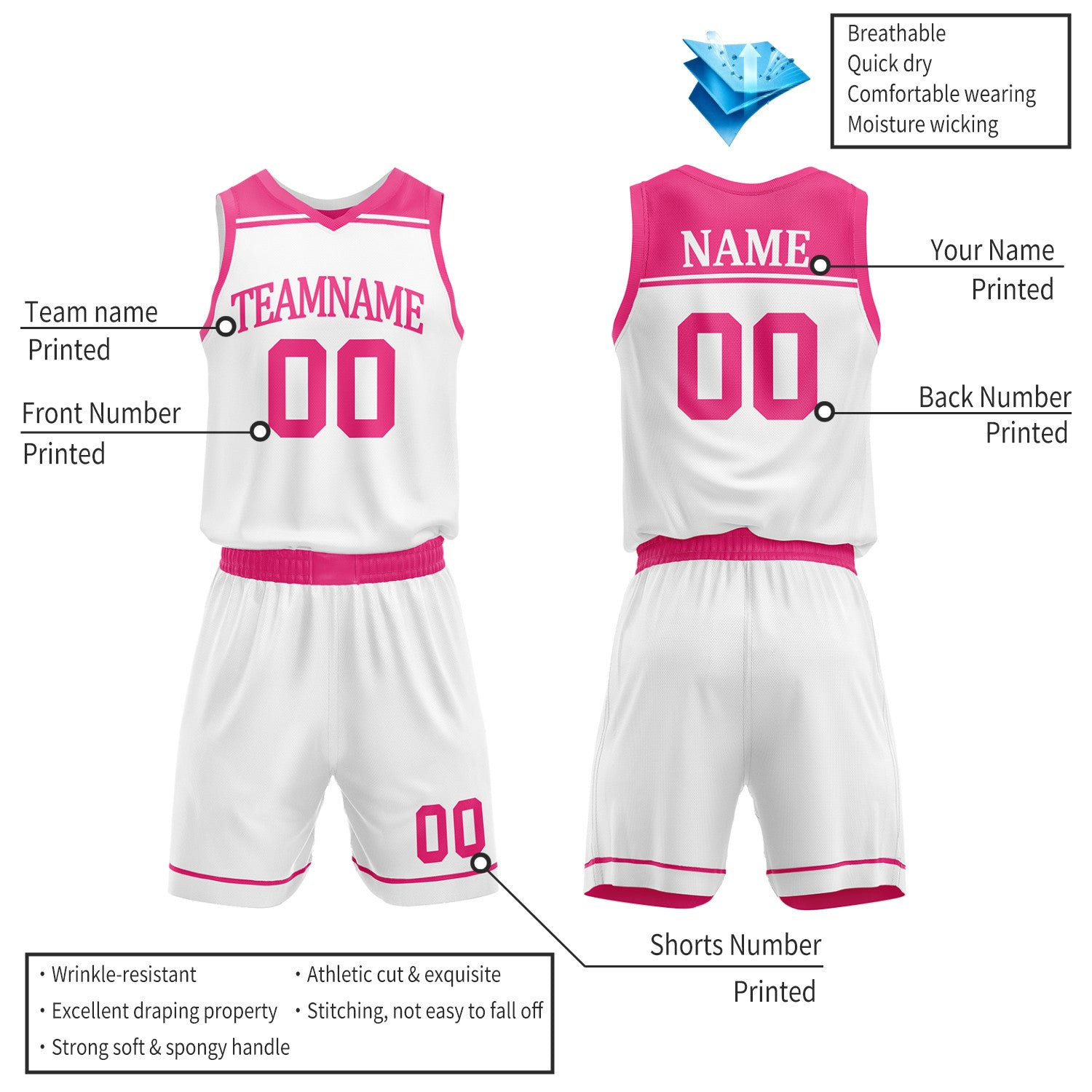 Custom Hot Pink & White Reversible Basketball Jersey Set | Wholesale Team Uniform