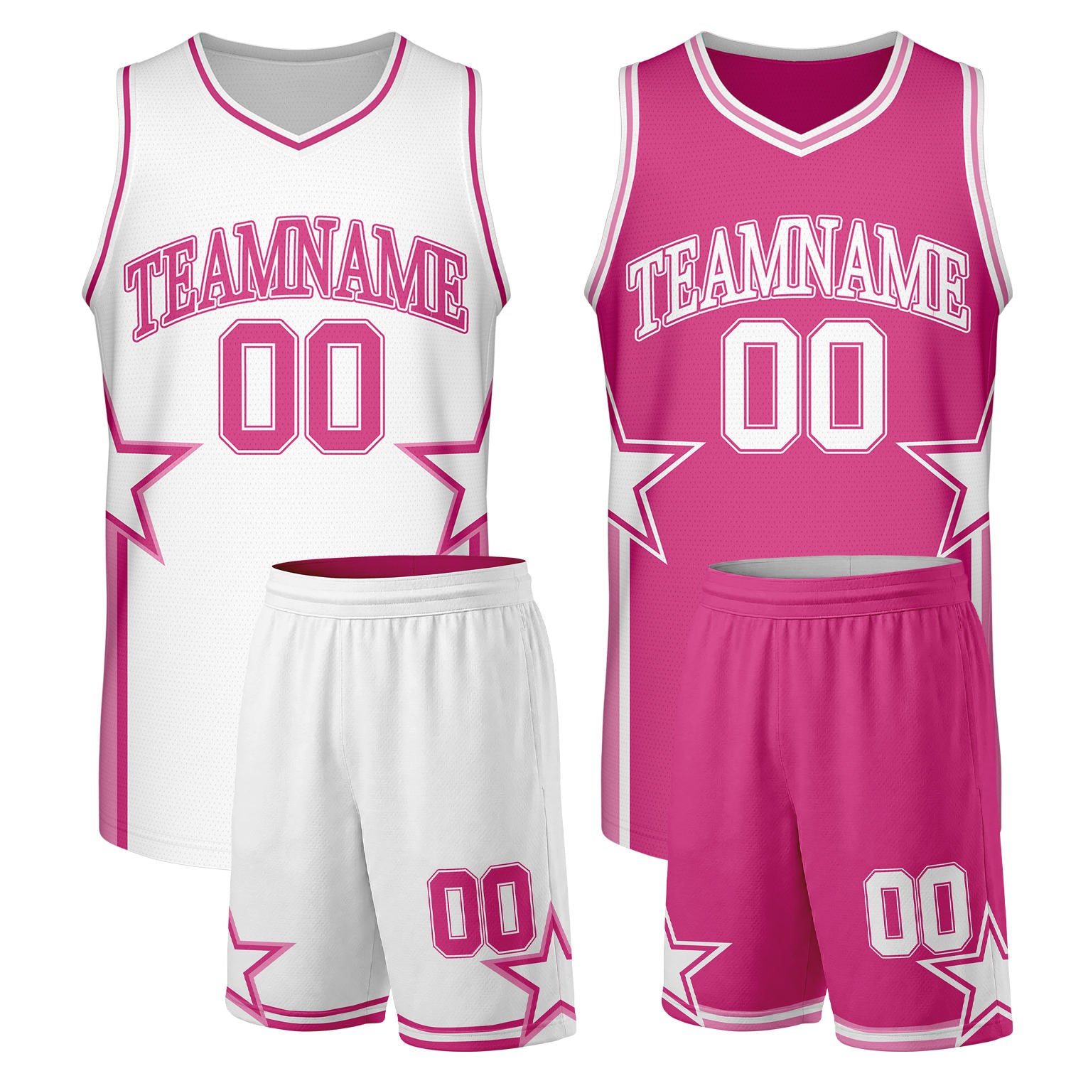 Custom women's basketball uniforms white hot pink reversible by Vosoli. Personalized team name, player number & logo. Breathable mesh. Fast delivery.