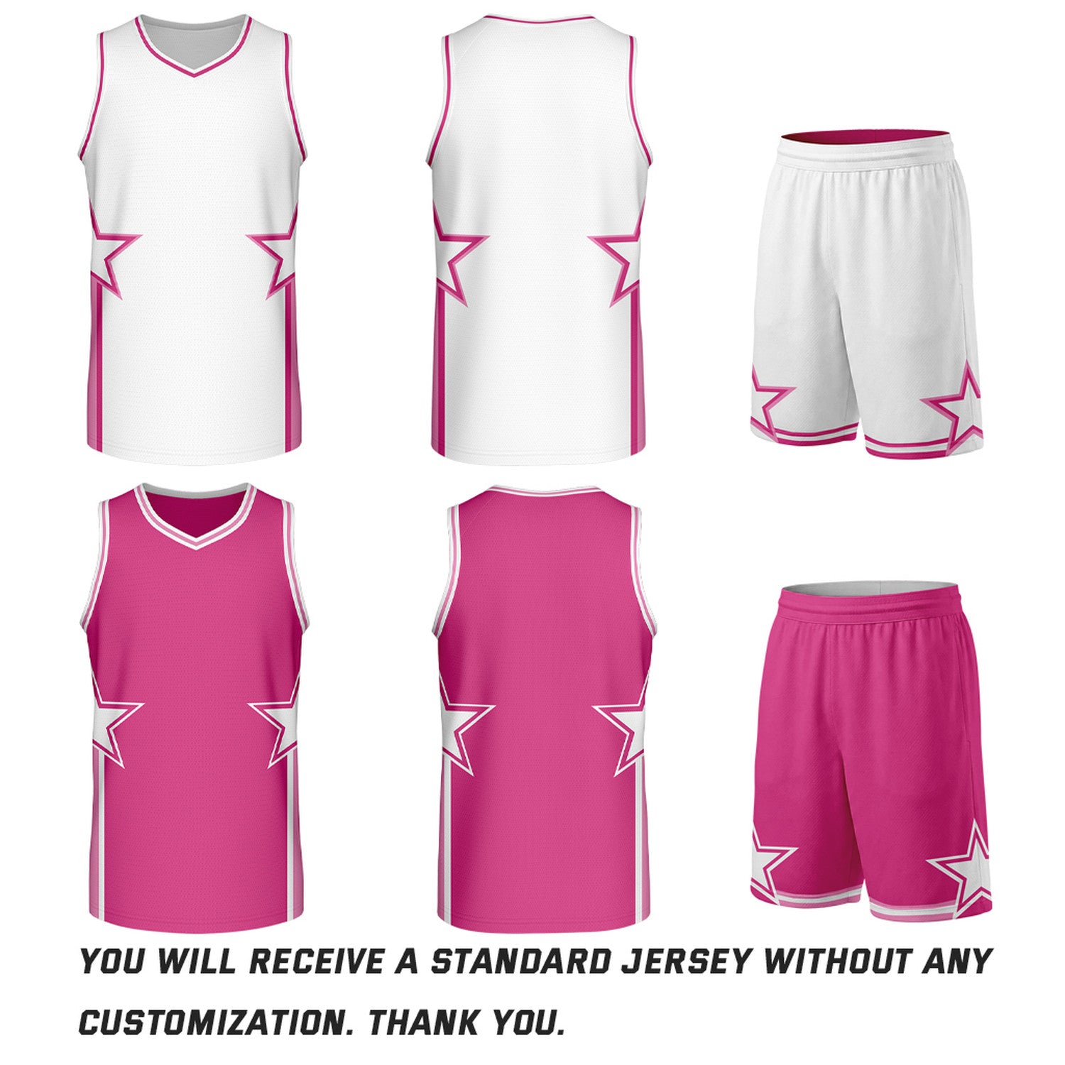 Custom White & Hot Pink Star Reversible Basketball Uniform Set | Breathable Mesh Jersey & Shorts