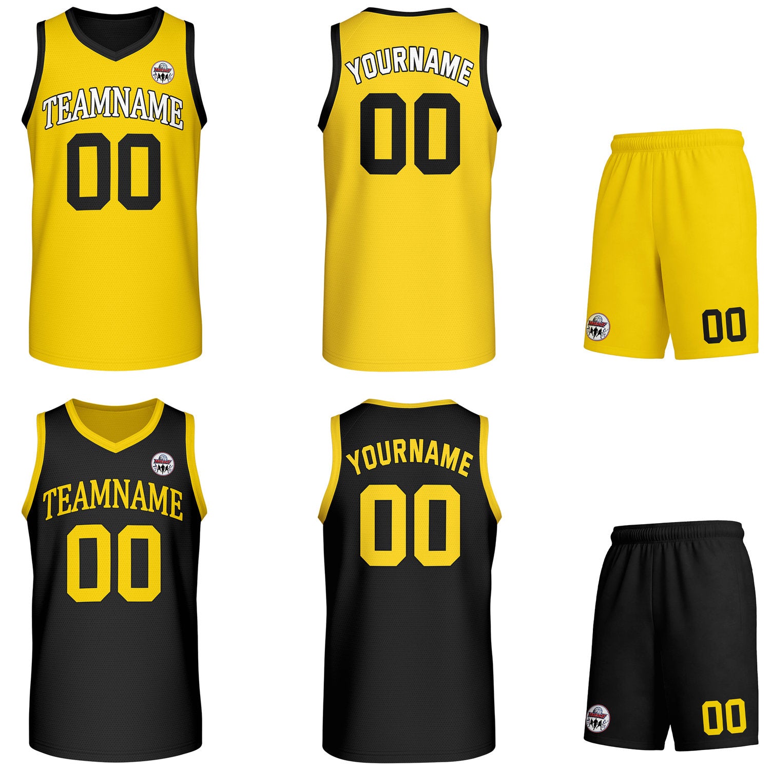 Custom yellow & black Reversible basketball uniform set, personalized team name number logo breathable mesh jersey and shorts men women youth game practice - Vosoli