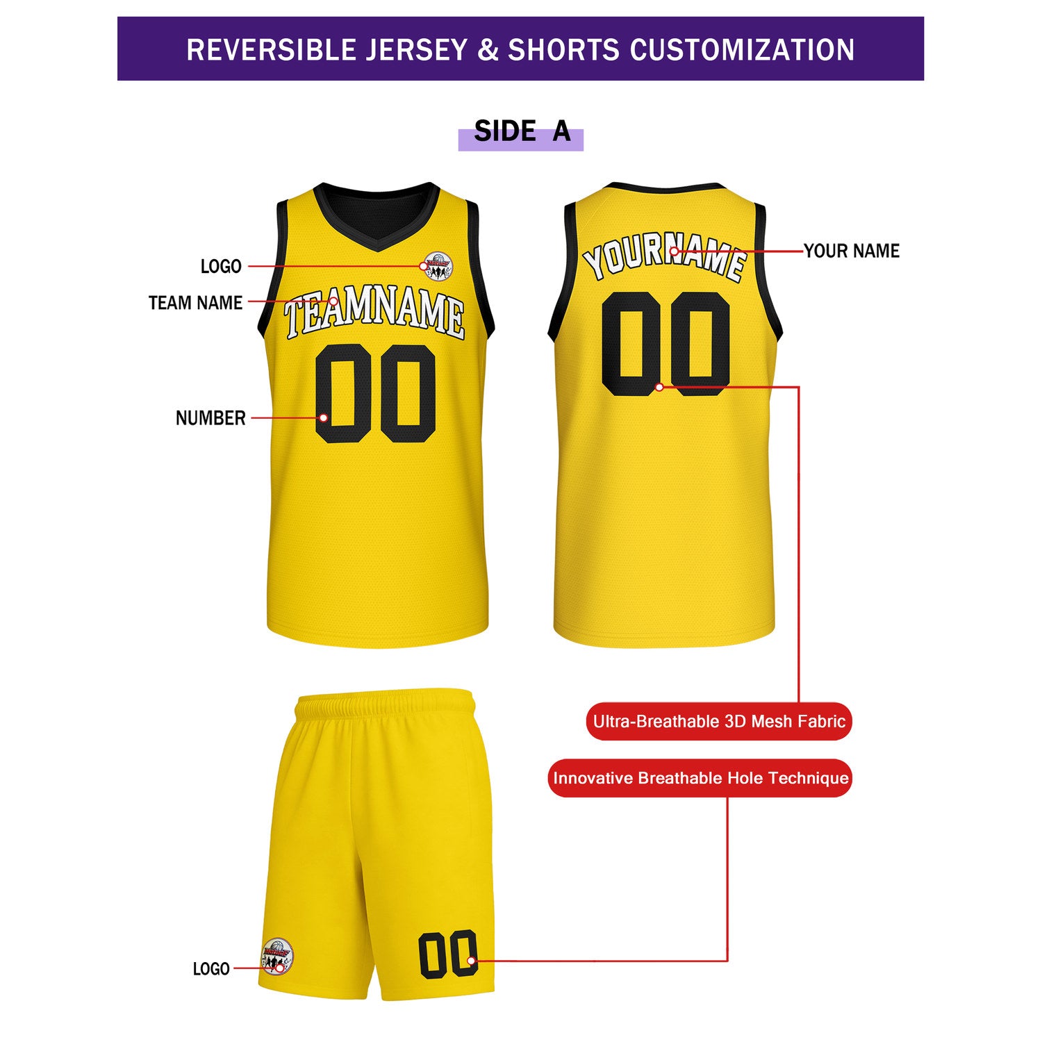 Custom Yellow & Black Reversible Basketball Uniform Set | Personalized Team Name & Number - Vosoli