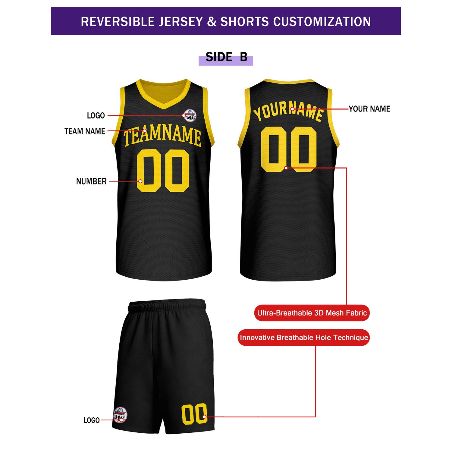Custom Yellow & Black Reversible Basketball Uniform Set | Personalized Team Name & Number - Vosoli