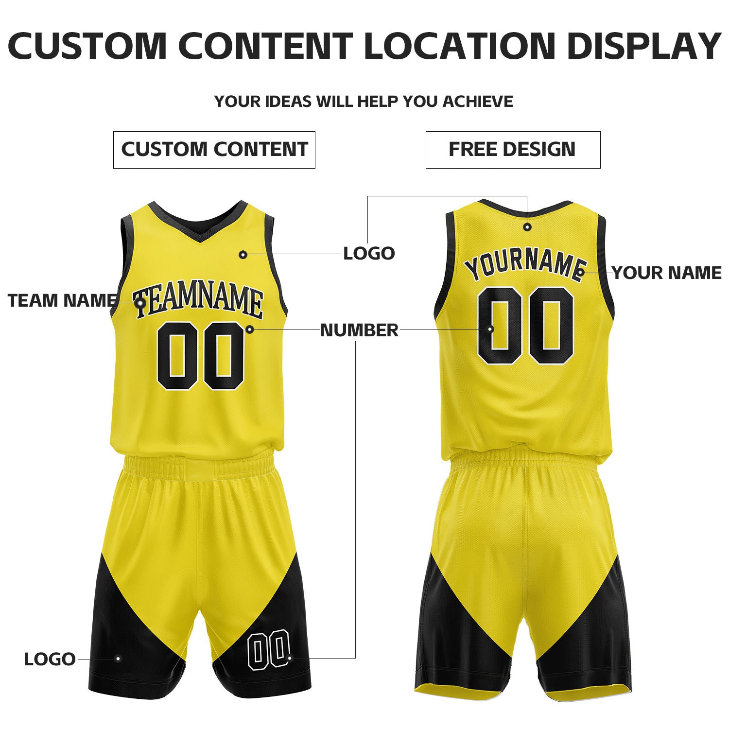 Custom Yellow & Black Reversible Basketball Uniform Set | Personalized Name Number Sports Jersey Shorts Kit