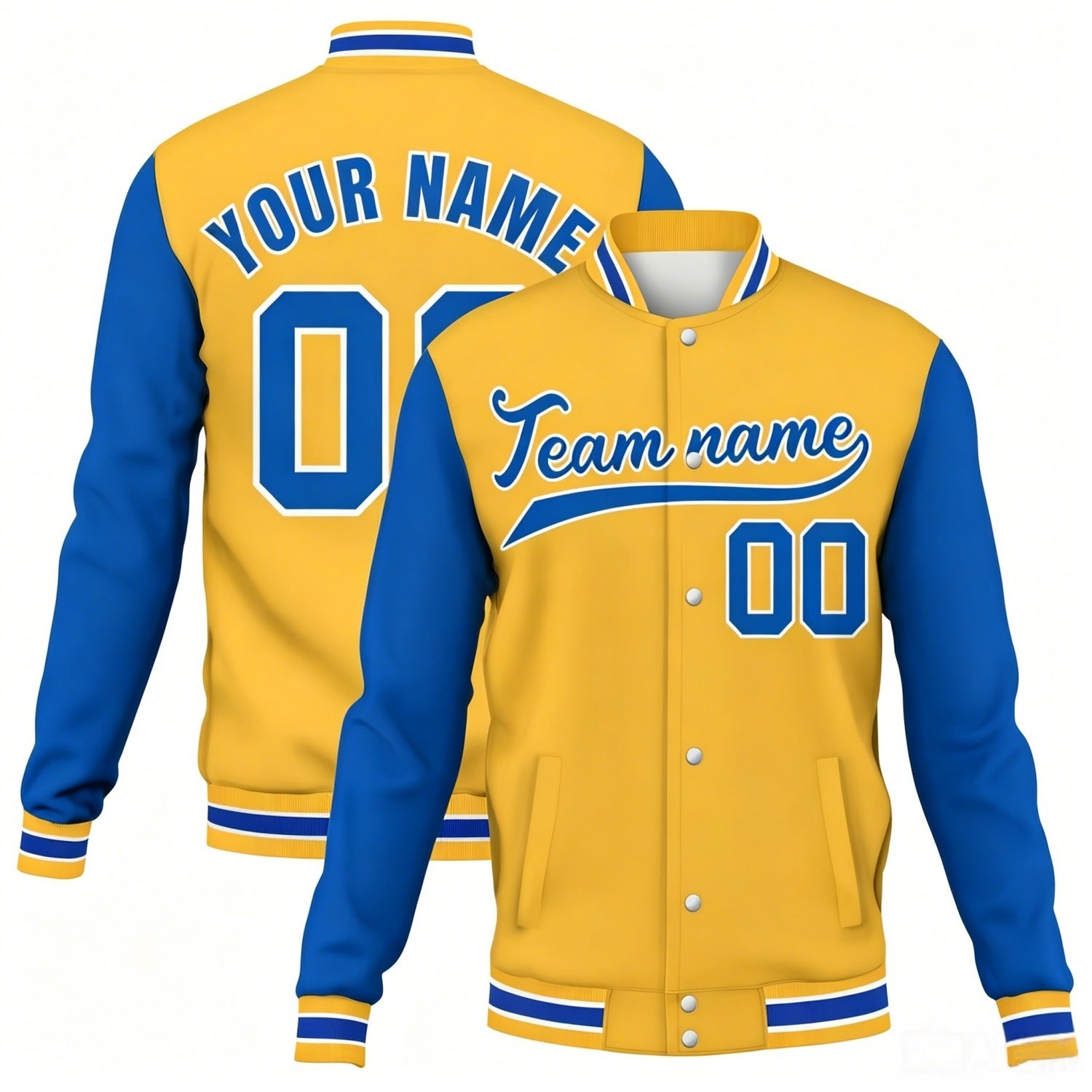 Custom yellow-blue contrast sleeve stitched varsity baseball jacket by Vosoli | Personalized team name & number jacket for youth & adults